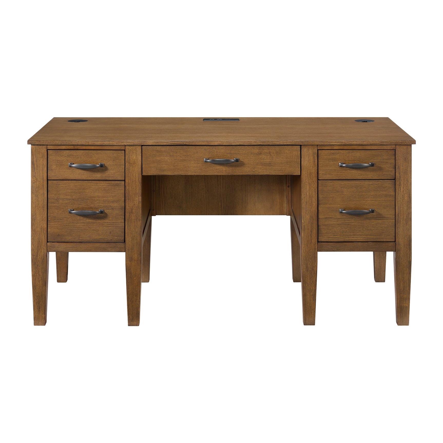 Portico Half Pedestal Desk with Power/USB in Brown Oak - Tampa Furniture Outlet