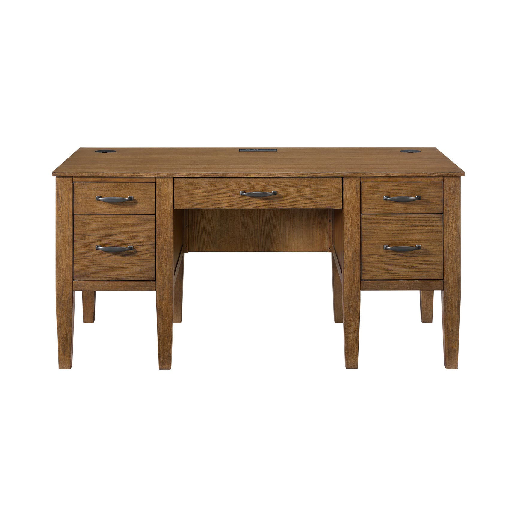 Portico Half Pedestal Desk with Power/USB in Brown Oak