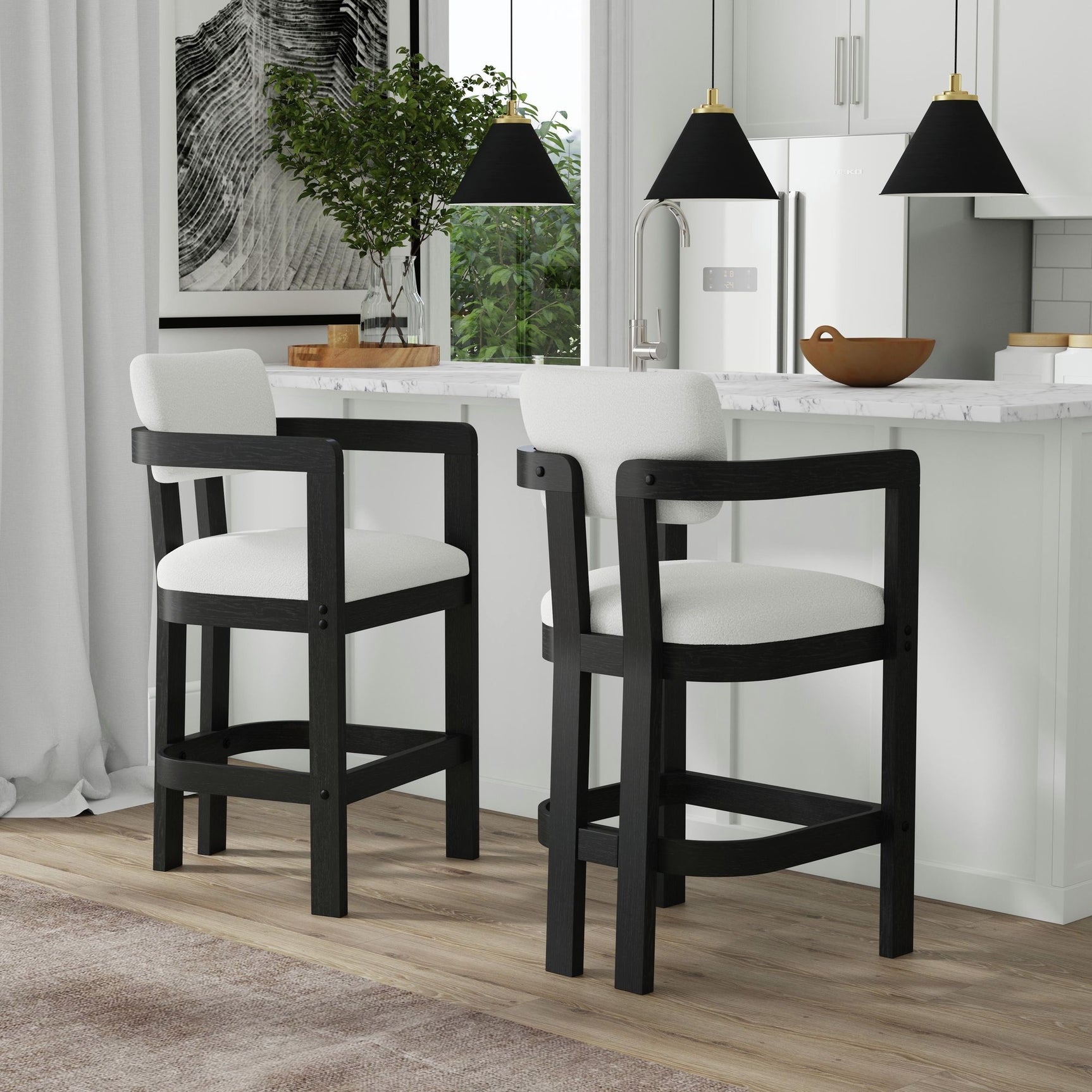 Portland Arm Barstool with White Fabric in Black (2 Per Carton) – SKU D-1710-8-BST3 | Elements
