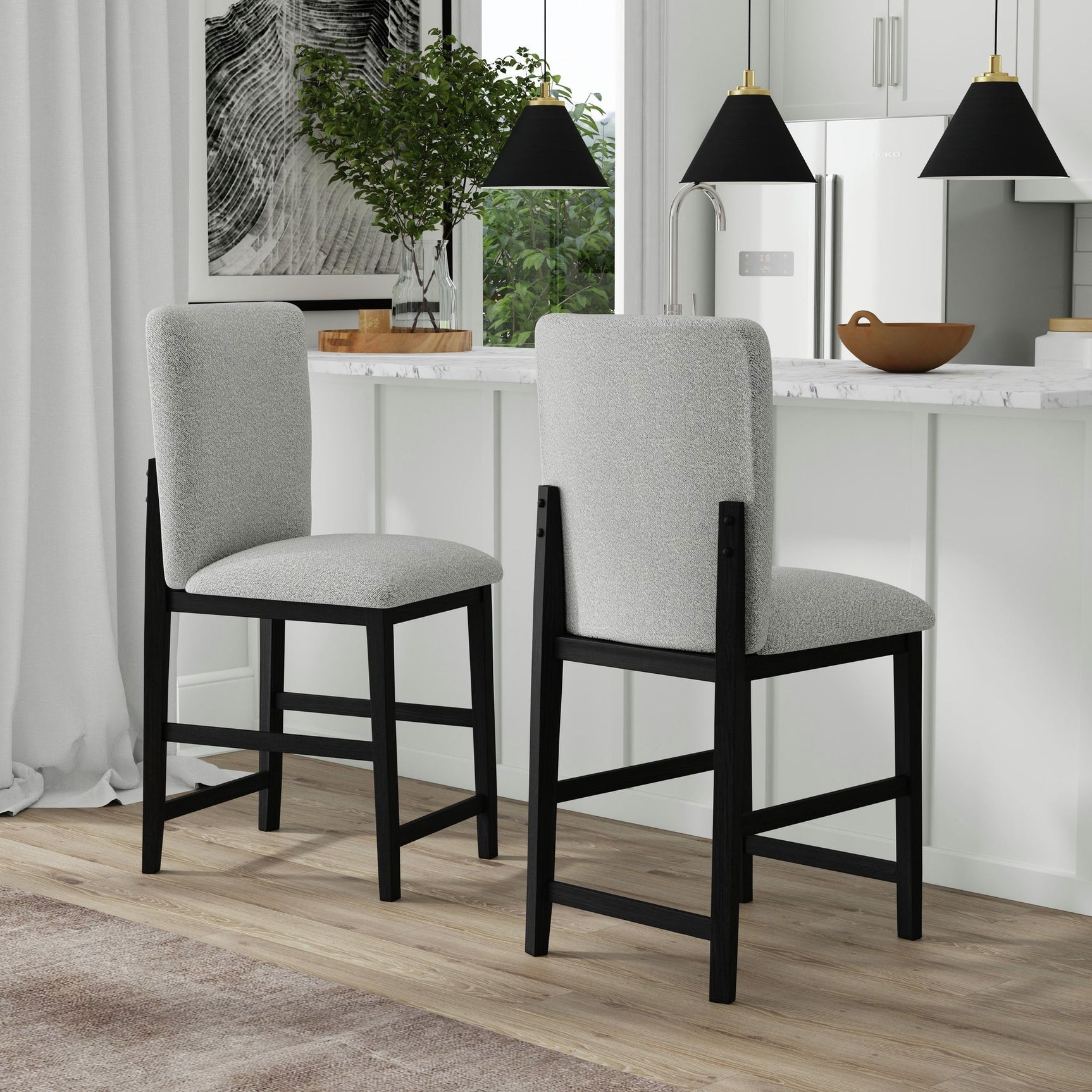 Portland Square Back Barstool with Grey Fabric in Black (2 Per Carton) – SKU D-1710-8-BST1 | Elements