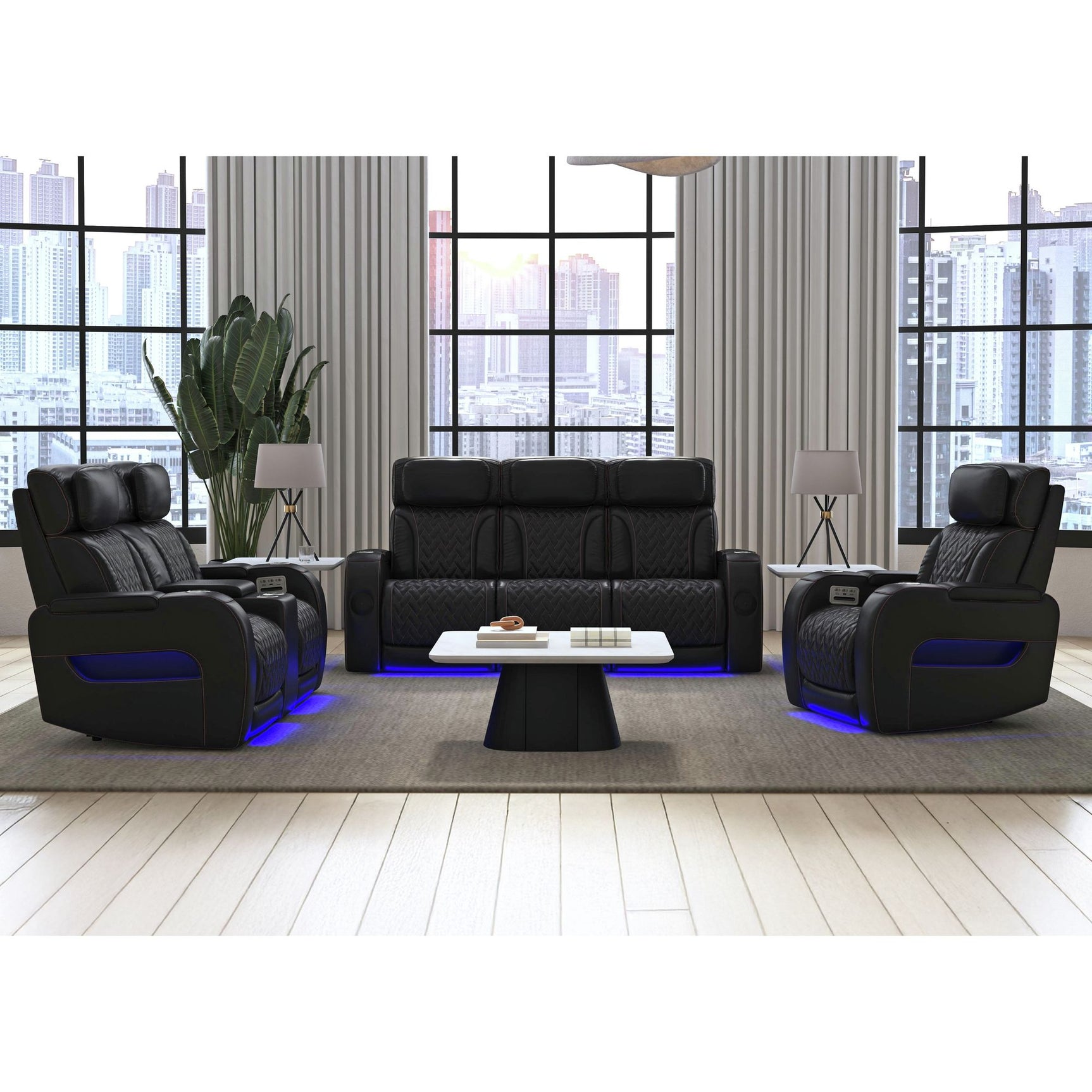 Prime Time P3 Sofa with I Table, reading light, heat, massage, LED, and speaker in Jett Black with Red Stitching – SKU U-16330-10450-308PPPR | Elements