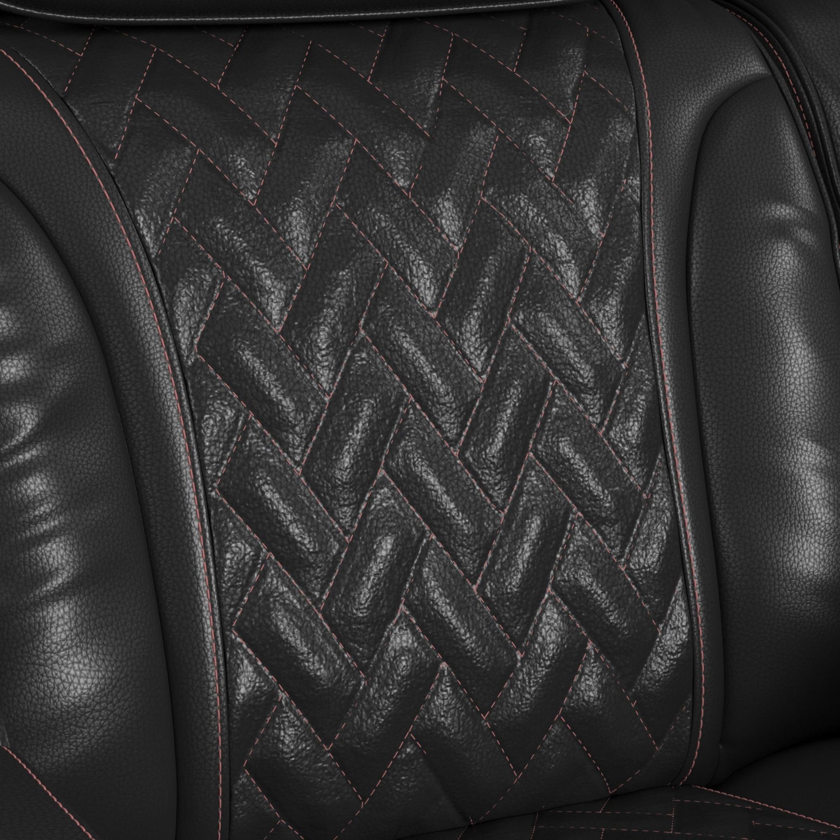 Prime Time P3 Sofa with I Table, reading light, heat, massage, LED, and speaker in Jett Black with Red Stitching