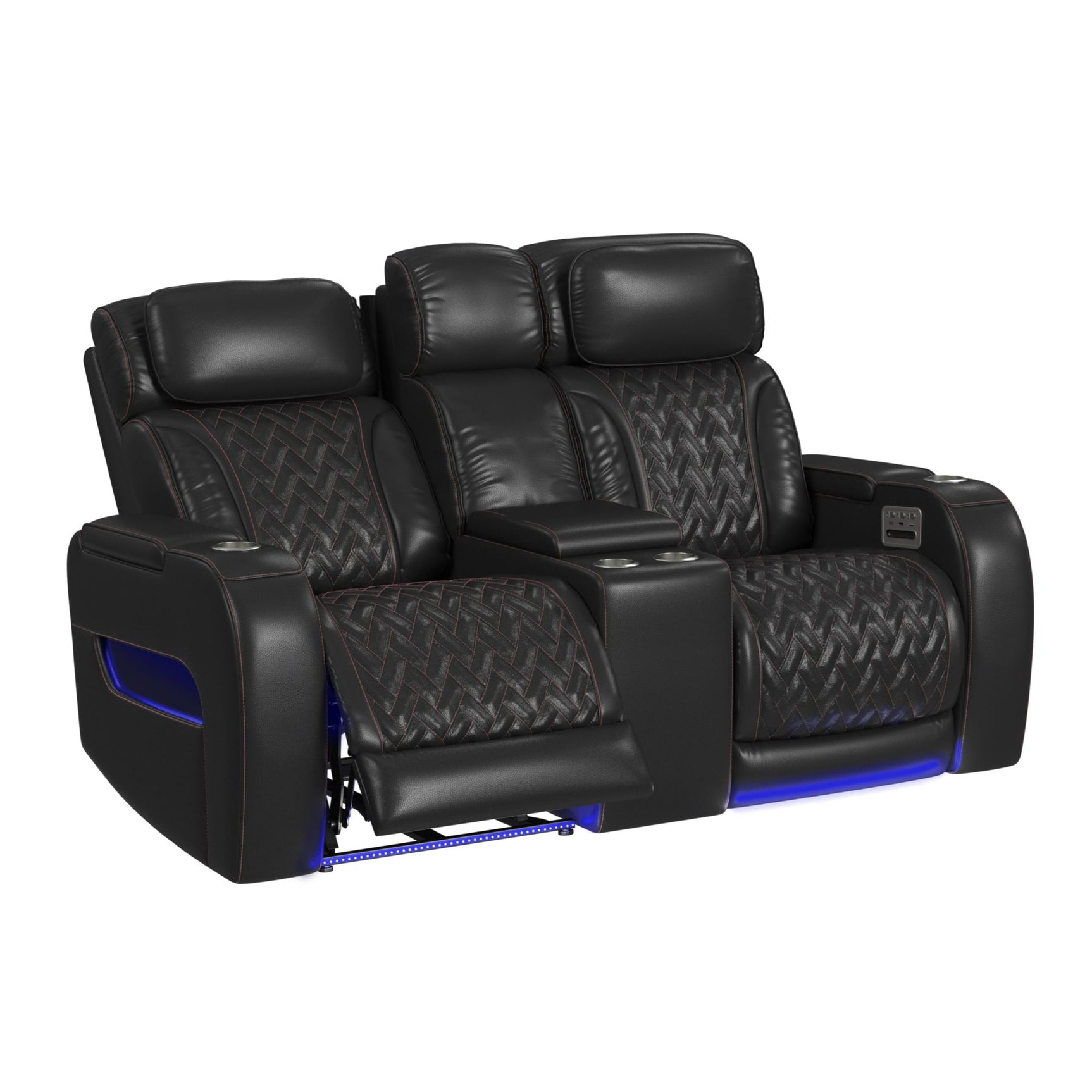 Prime Time P3 Loveseat with LED, wireless charger pocket, and Console in Jett Black with Red Stitching - Tampa Furniture Outlet
