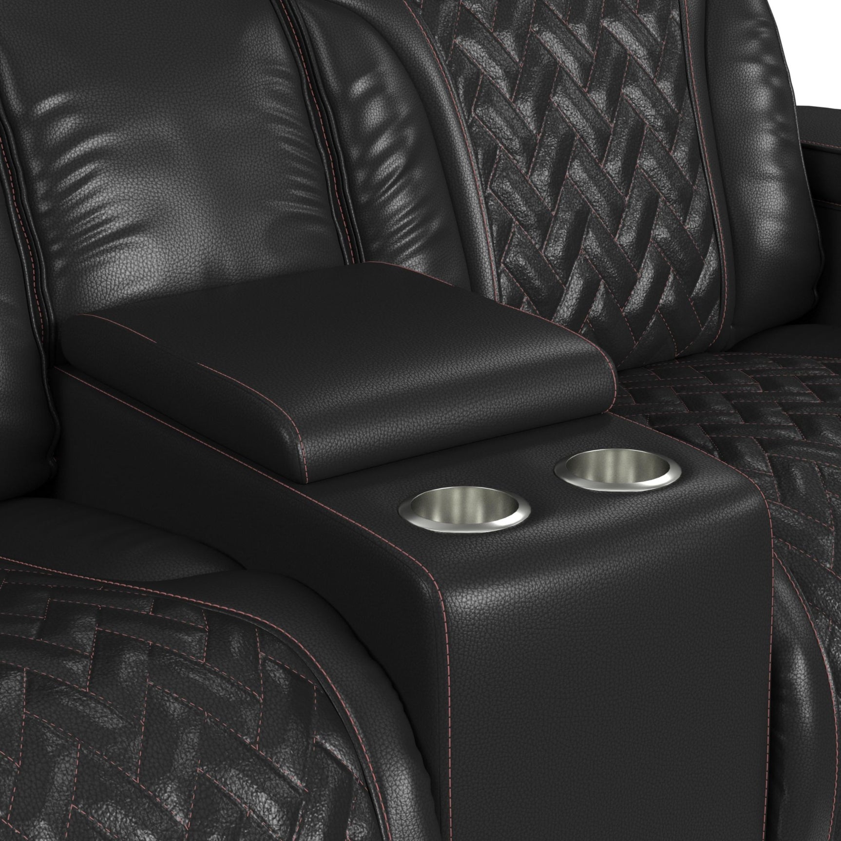 Prime Time P3 Loveseat with LED, wireless charger pocket, and Console in Jett Black with Red Stitching - Tampa Furniture Outlet