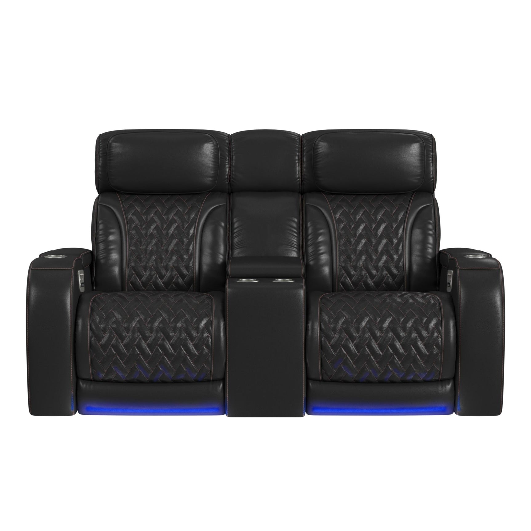 Prime Time P3 Loveseat with LED, wireless charger pocket, and Console in Jett Black with Red Stitching - Tampa Furniture Outlet