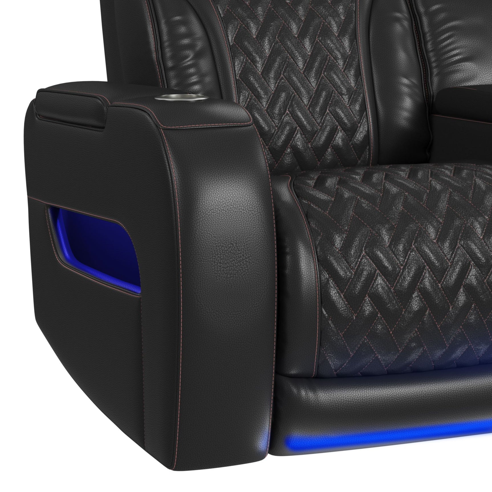 Prime Time P3 Loveseat with LED, wireless charger pocket, and Console in Jett Black with Red Stitching - Tampa Furniture Outlet