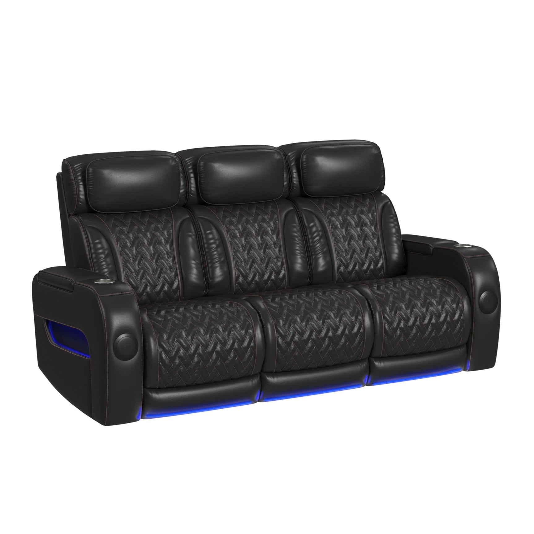 Prime Time P3 Sofa with I Table, reading light, heat, massage, LED, and speaker in Jett Black with Red Stitching - Tampa Furniture Outlet