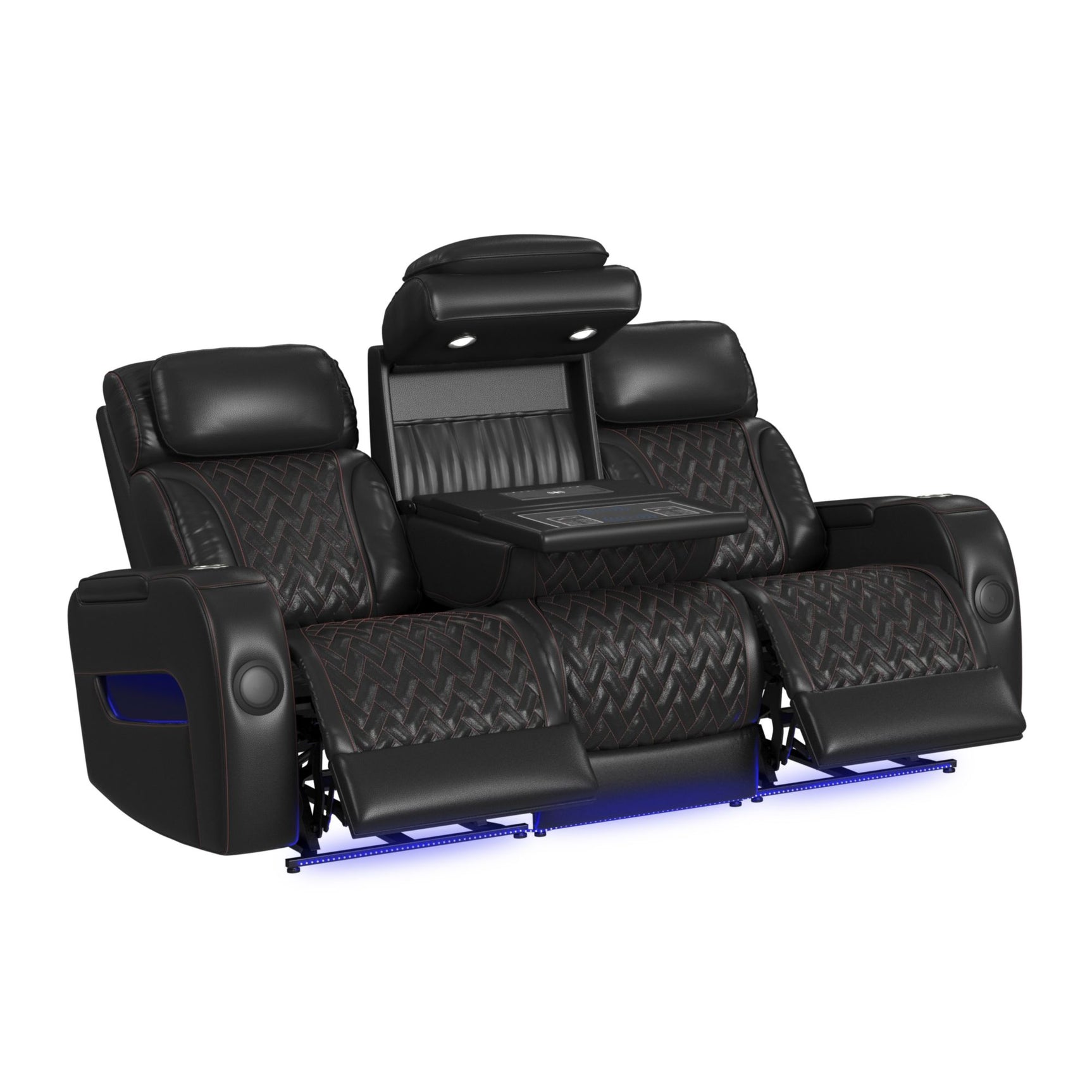 Prime Time P3 Sofa with I Table, reading light, heat, massage, LED, and speaker in Jett Black with Red Stitching - Tampa Furniture Outlet