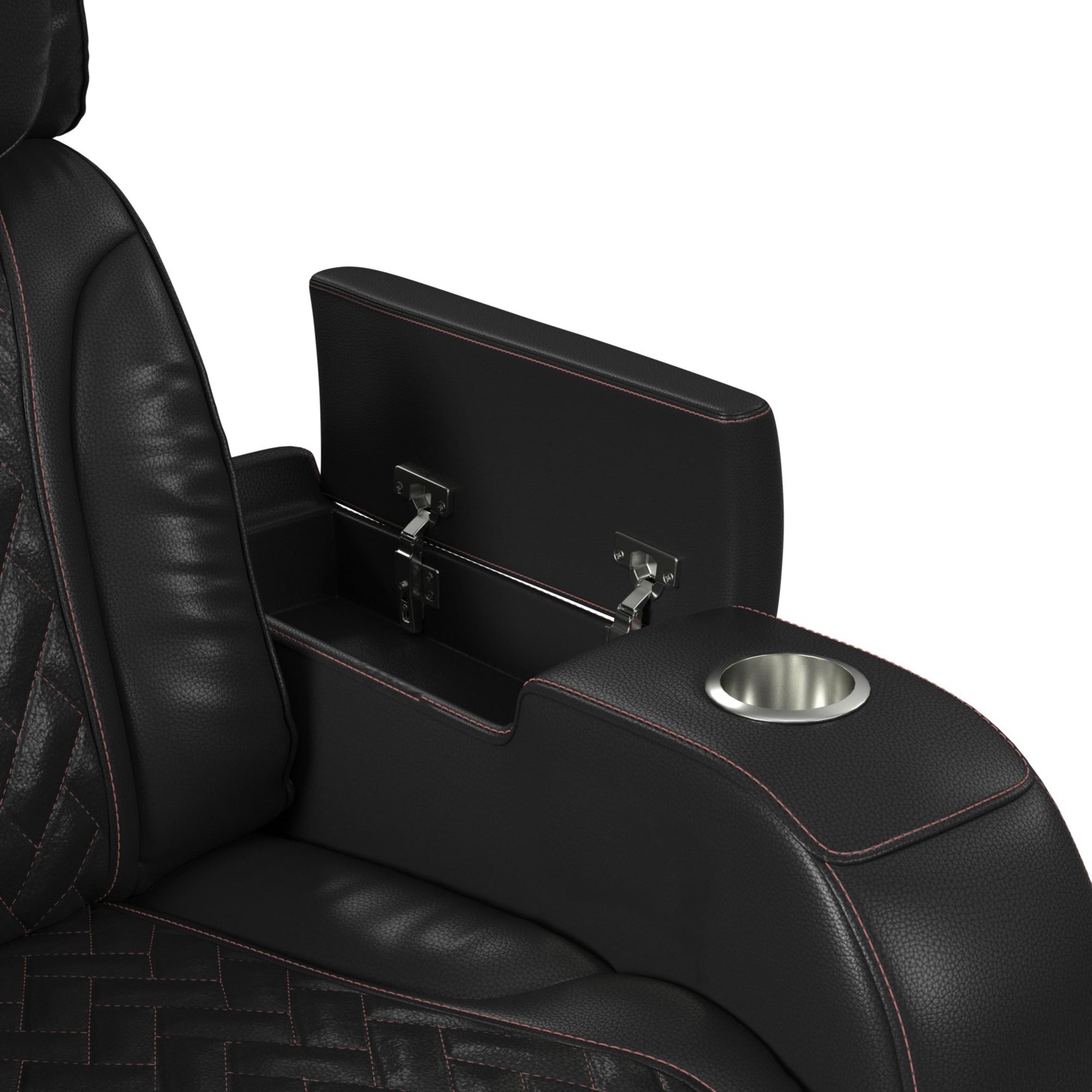 Prime Time P3 Sofa with I Table, reading light, heat, massage, LED, and speaker in Jett Black with Red Stitching
