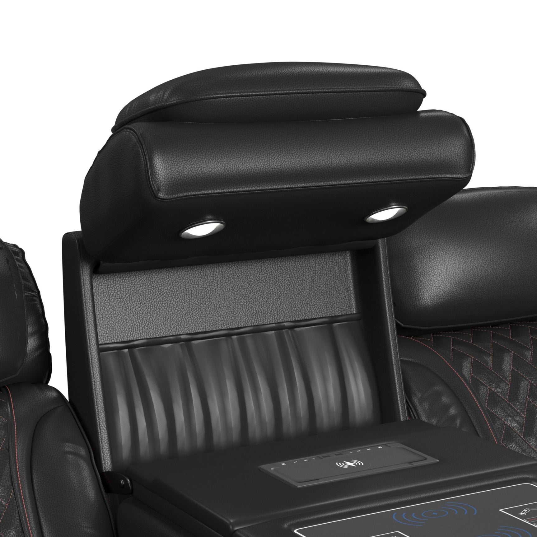 Prime Time P3 Sofa with I Table, reading light, heat, massage, LED, and speaker in Jett Black with Red Stitching