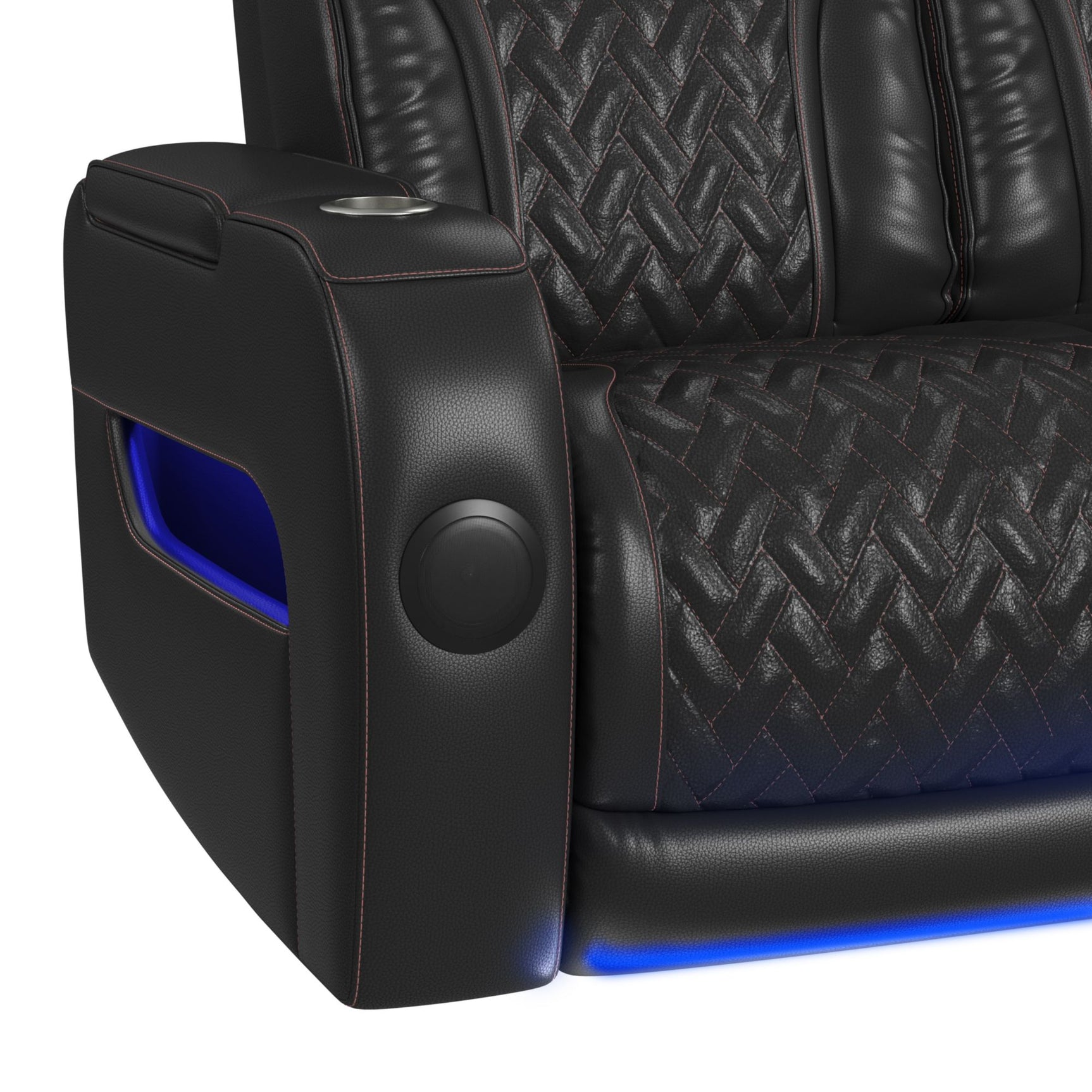 Prime Time P3 Sofa with I Table, reading light, heat, massage, LED, and speaker in Jett Black with Red Stitching - Tampa Furniture Outlet