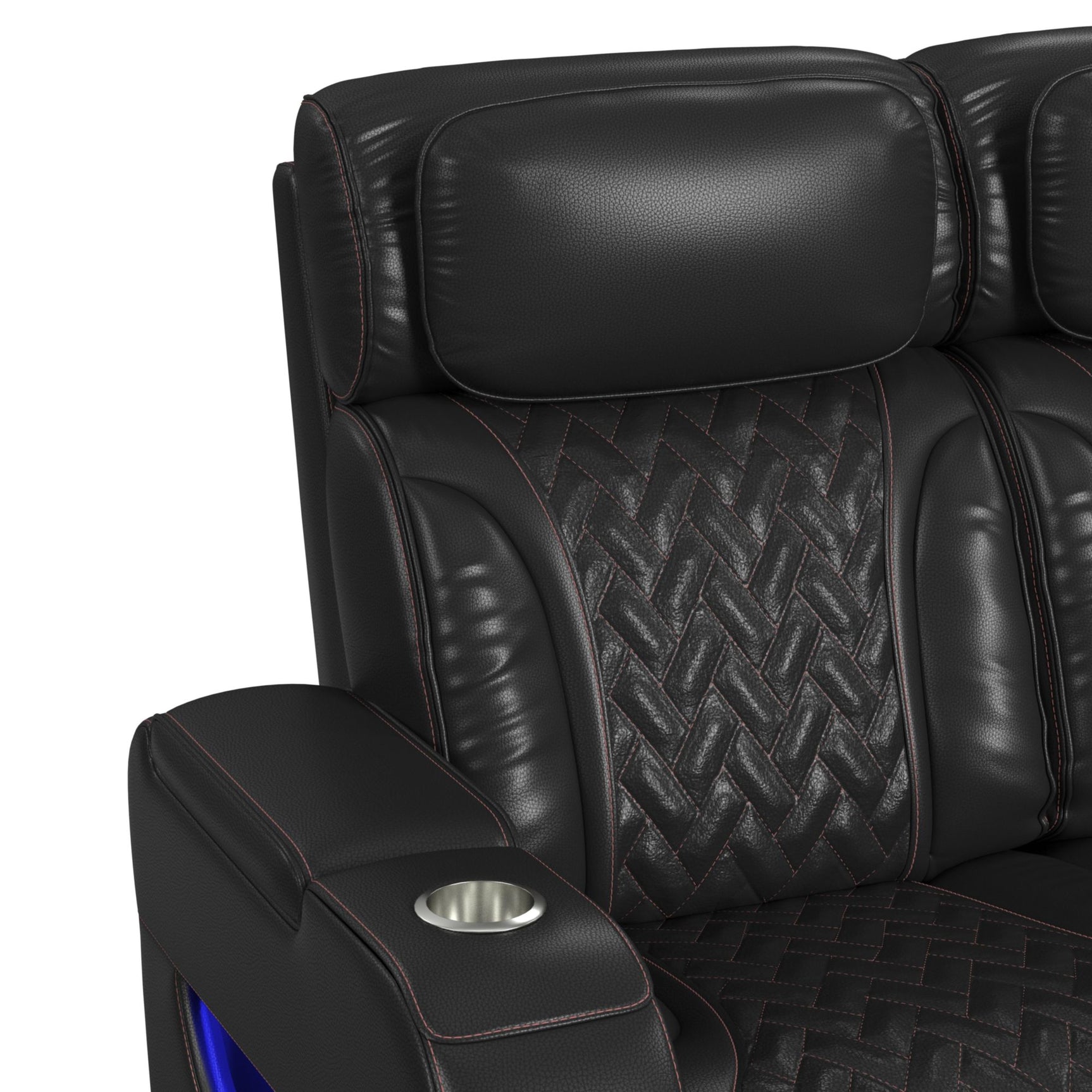 Prime Time P3 Sofa with I Table, reading light, heat, massage, LED, and speaker in Jett Black with Red Stitching - Tampa Furniture Outlet