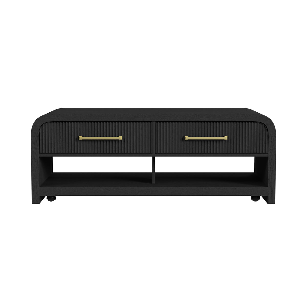 Ridgemont Coffee Table with Casters/Push Through Drawer in Black with Grain