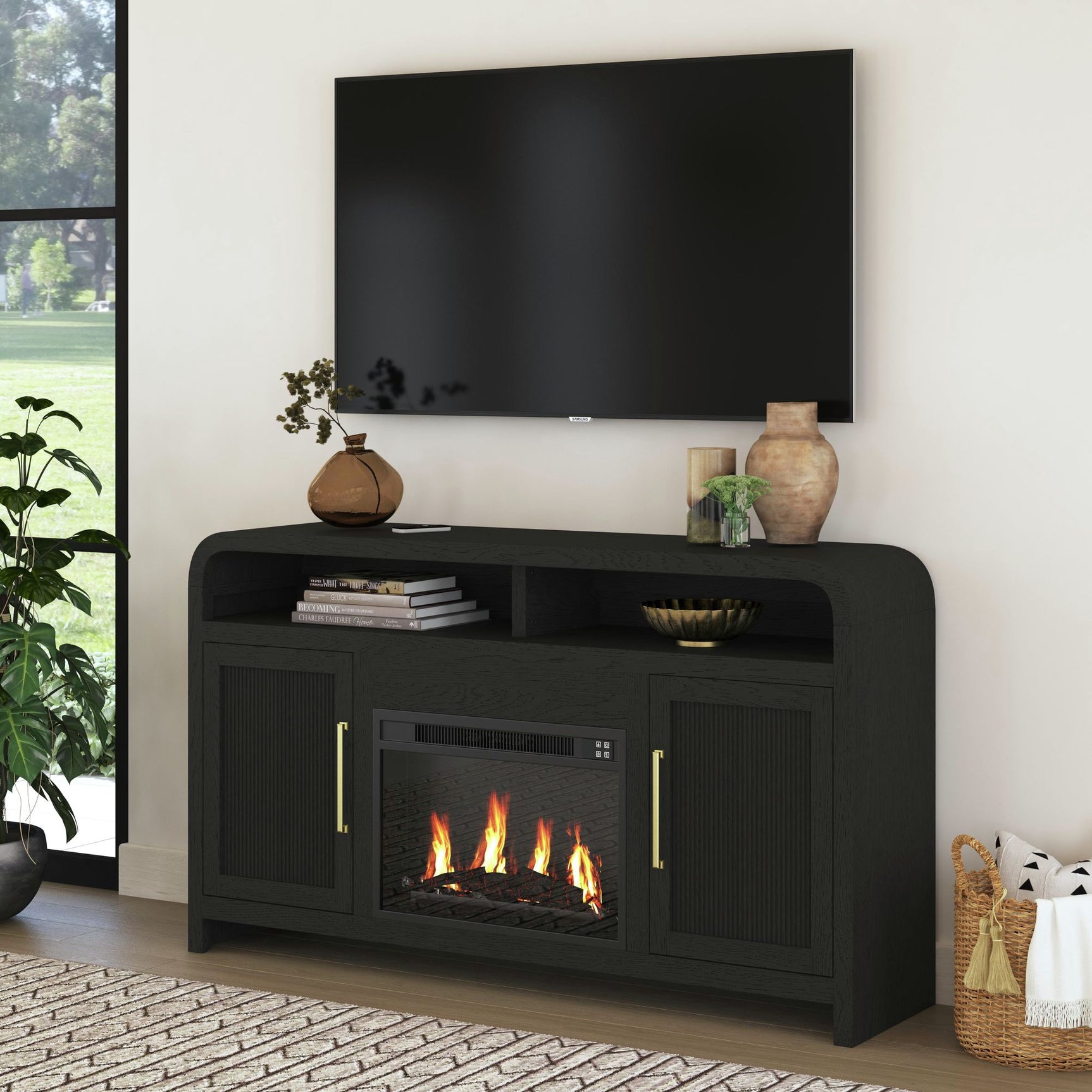 Ridgemont Complete 60" Fireplace Cabinet in Black with Grain - Single Pack – SKU LA-14440-8W-FP | Elements