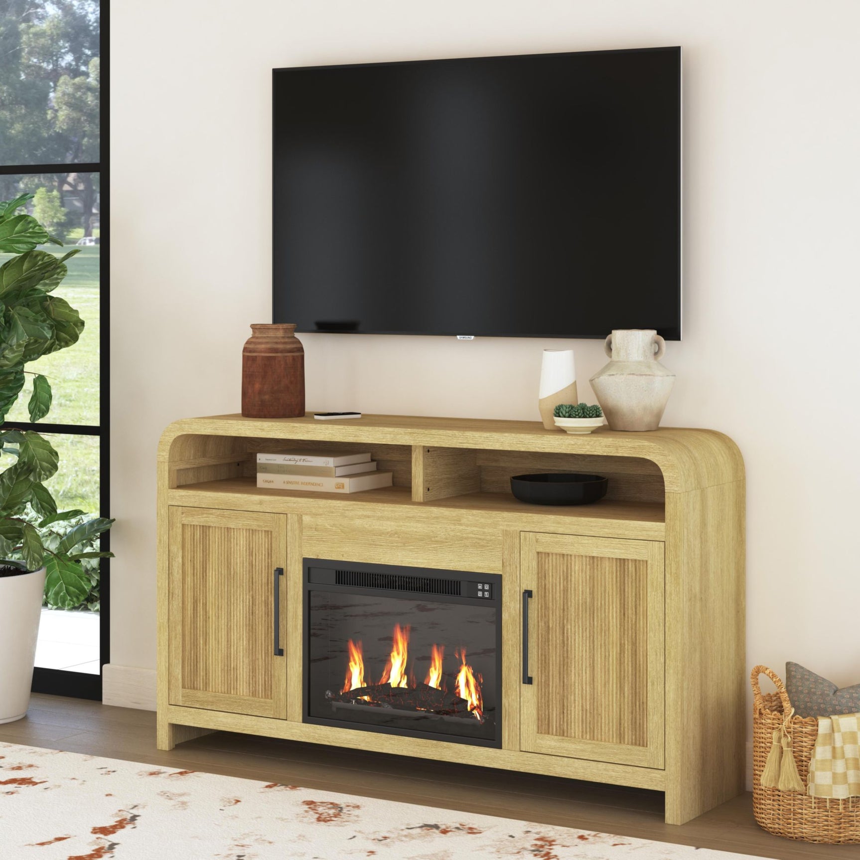 Ridgemont Complete 60" Fireplace Cabinet in Natural - Single Pack – SKU LA-14440-6-FP | Elements
