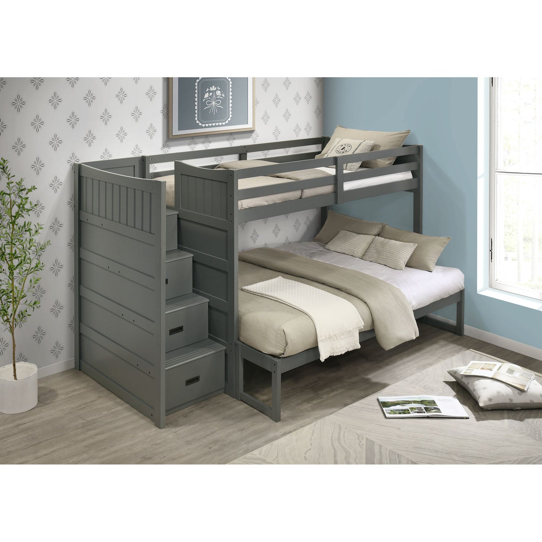 Sami Twin Over Full Step Bunk with Left HB in Grey – SKU SM350TFBL | Elements