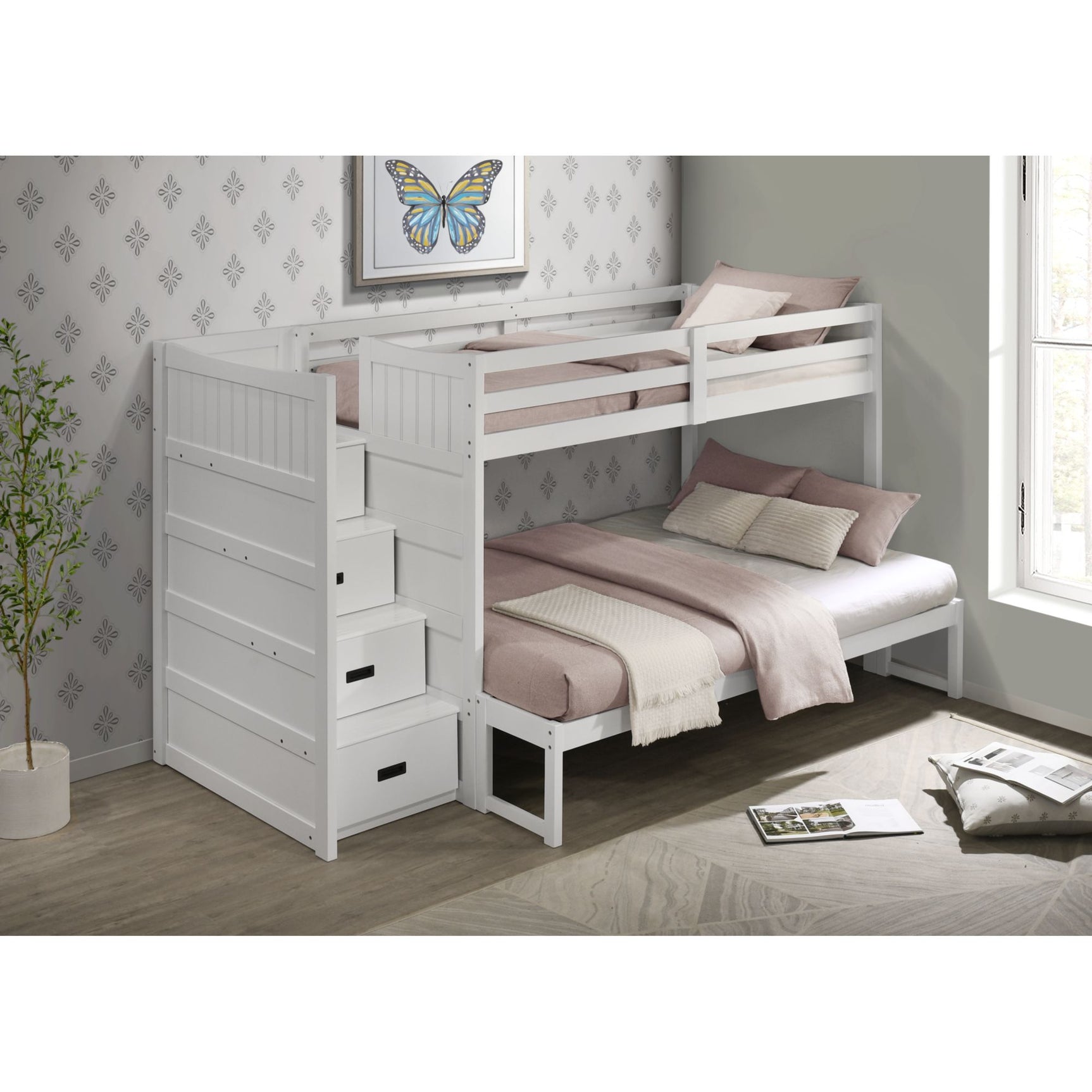 Sami Twin Over Full Step Bunk with Left HB in White – SKU SM750TFBL | Elements