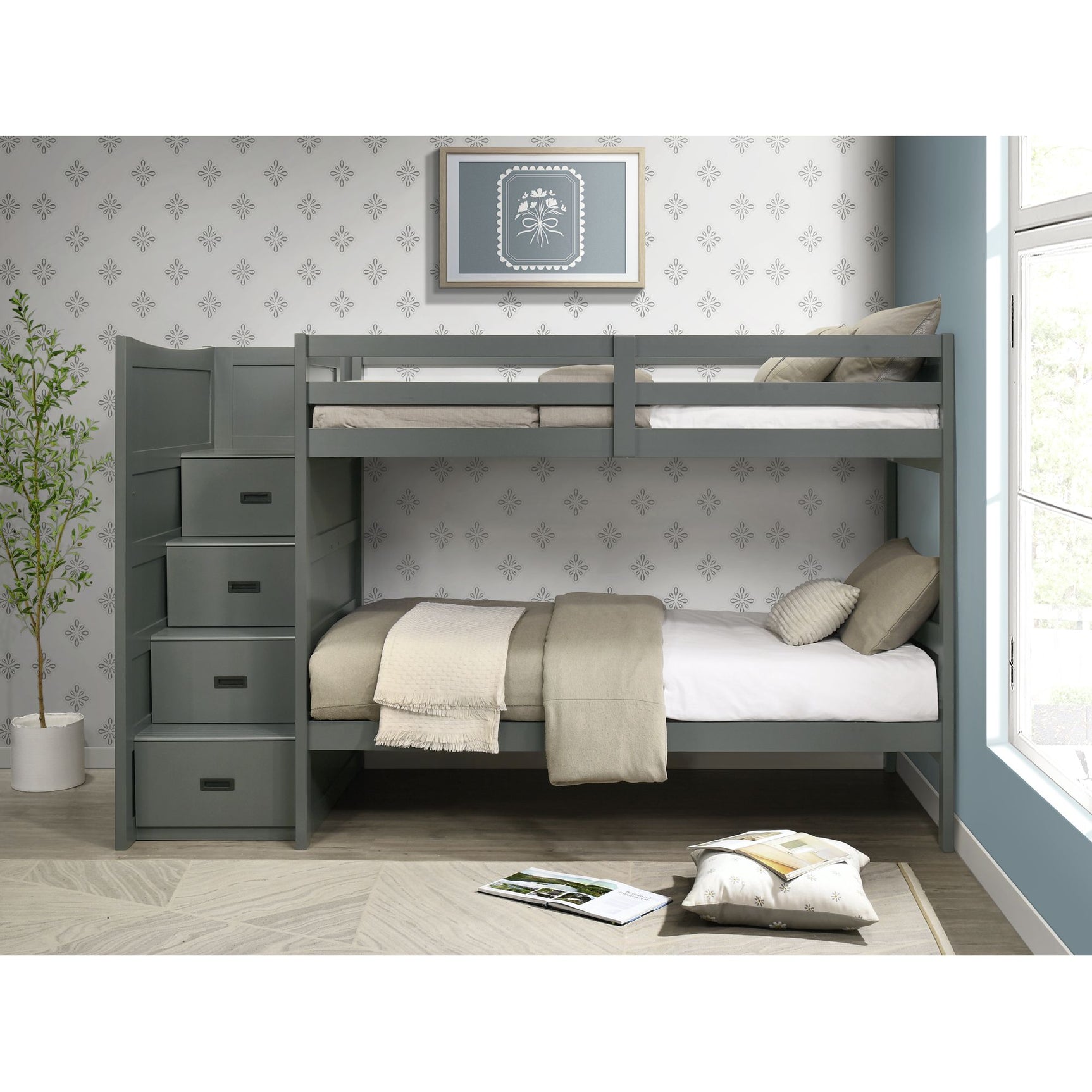 Sami Twin Over Twin Step Bunk with Left HB in Grey – SKU SM350TTBL | Elements