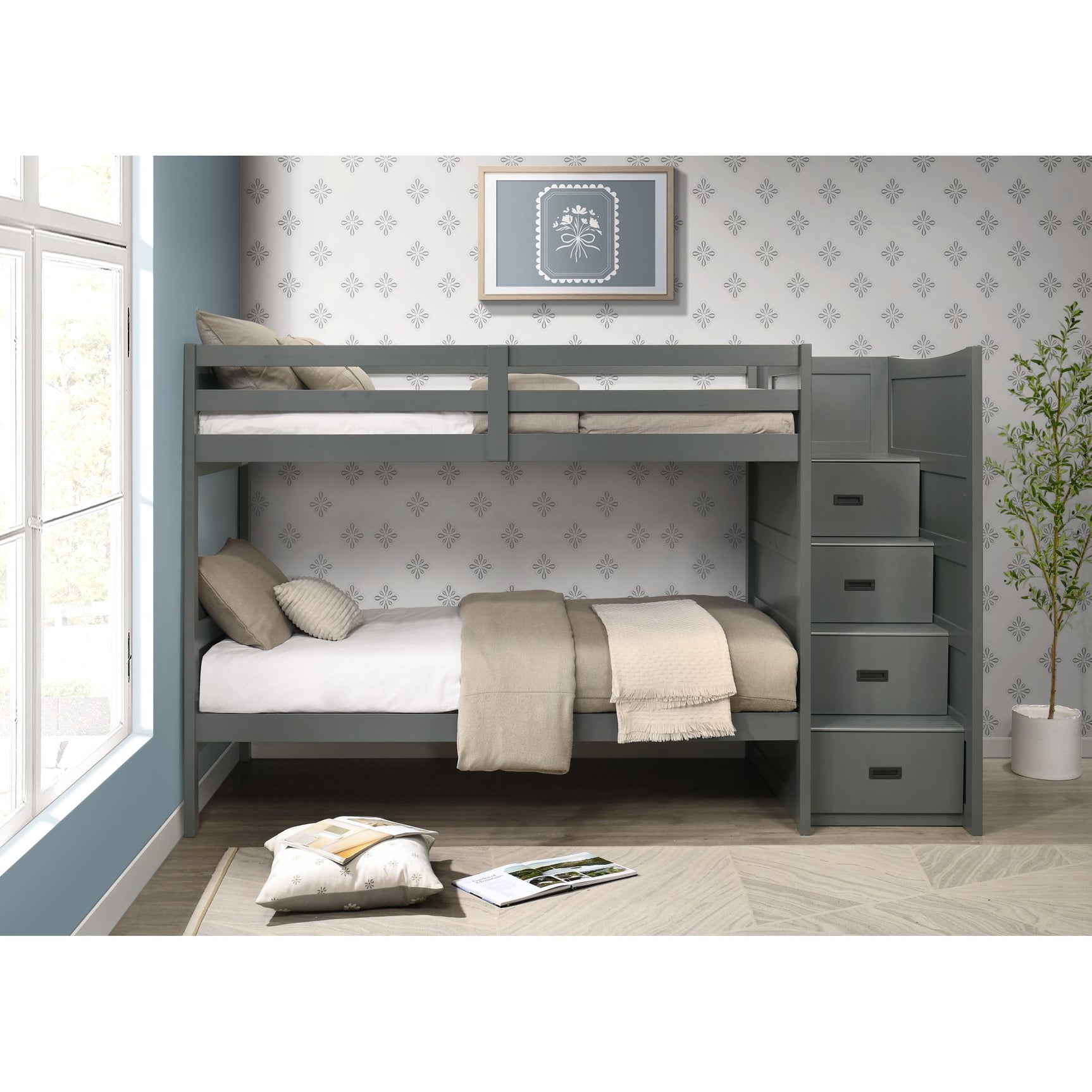 Sami Twin Over Twin Step Bunk with Right HB in Grey – SKU SM350TTBR | Elements