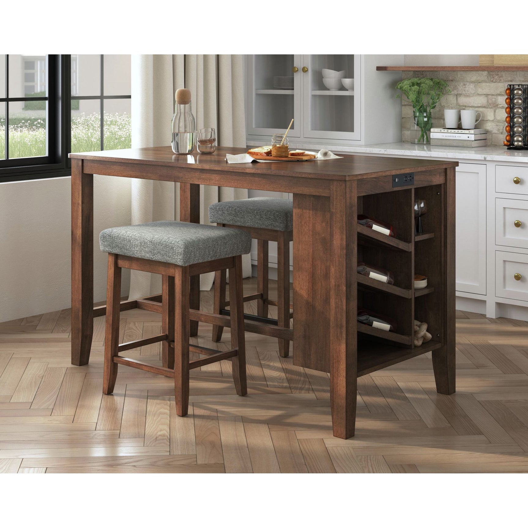 Santa Barbara Kitchen Island & 2 Counter Stools with Dark Grey Fabric in Walnut – SKU D-16550-5-KI | Elements