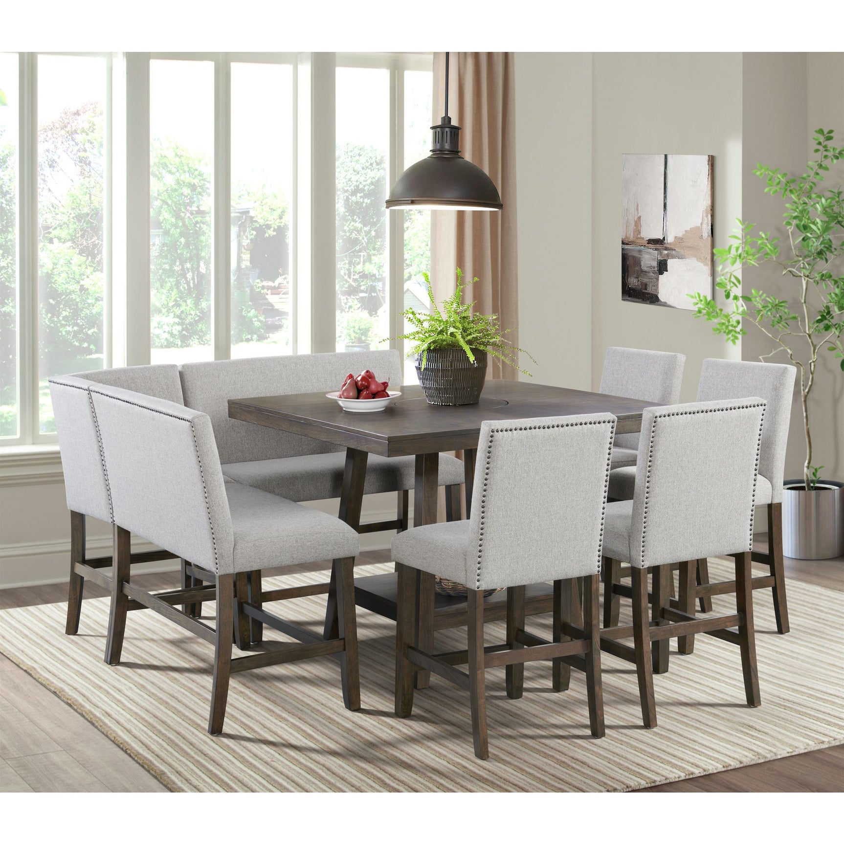 Seneca Counter Corner Bench with Upholstered Back and Grey Fabric in Brown – SKU D-7670-5-CCBN | Elements