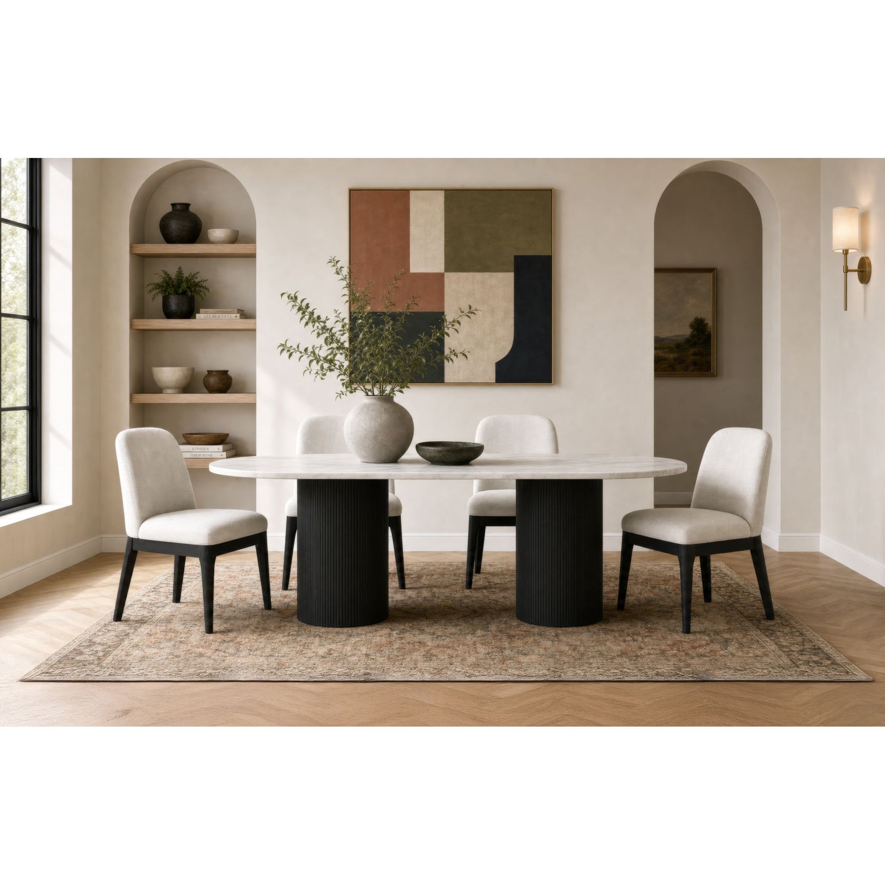 Sylvie Oval Dining Table with White Faux Marble Top in Black with Grain – SKU D-16000-8W-DT | Elements