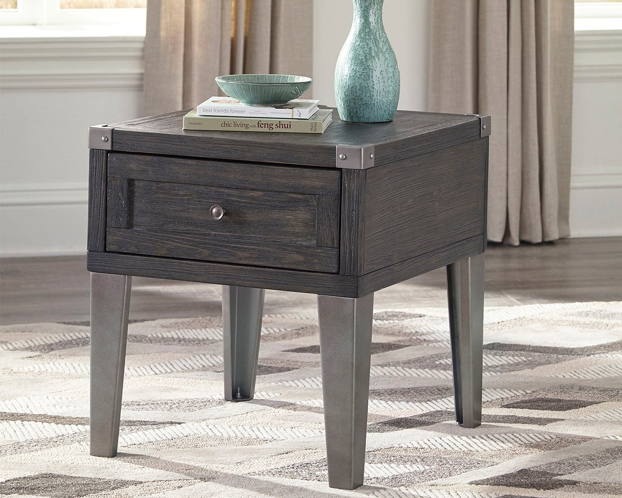 Tampa Furniture Outlet - Ashley Furniture - Todoe End Table with USB Ports & Outlets - Rectangular End Table / Dark Gray - T901-3