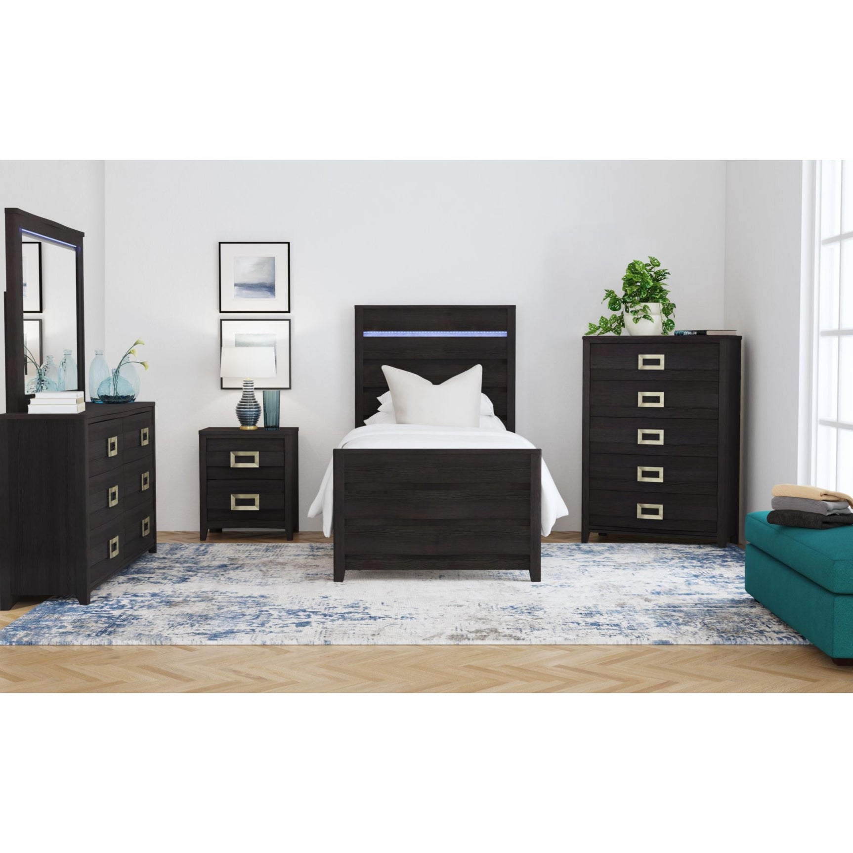 Tobias Twin Bed with LED in Black – SKU B-15990-8-TBL | Elements