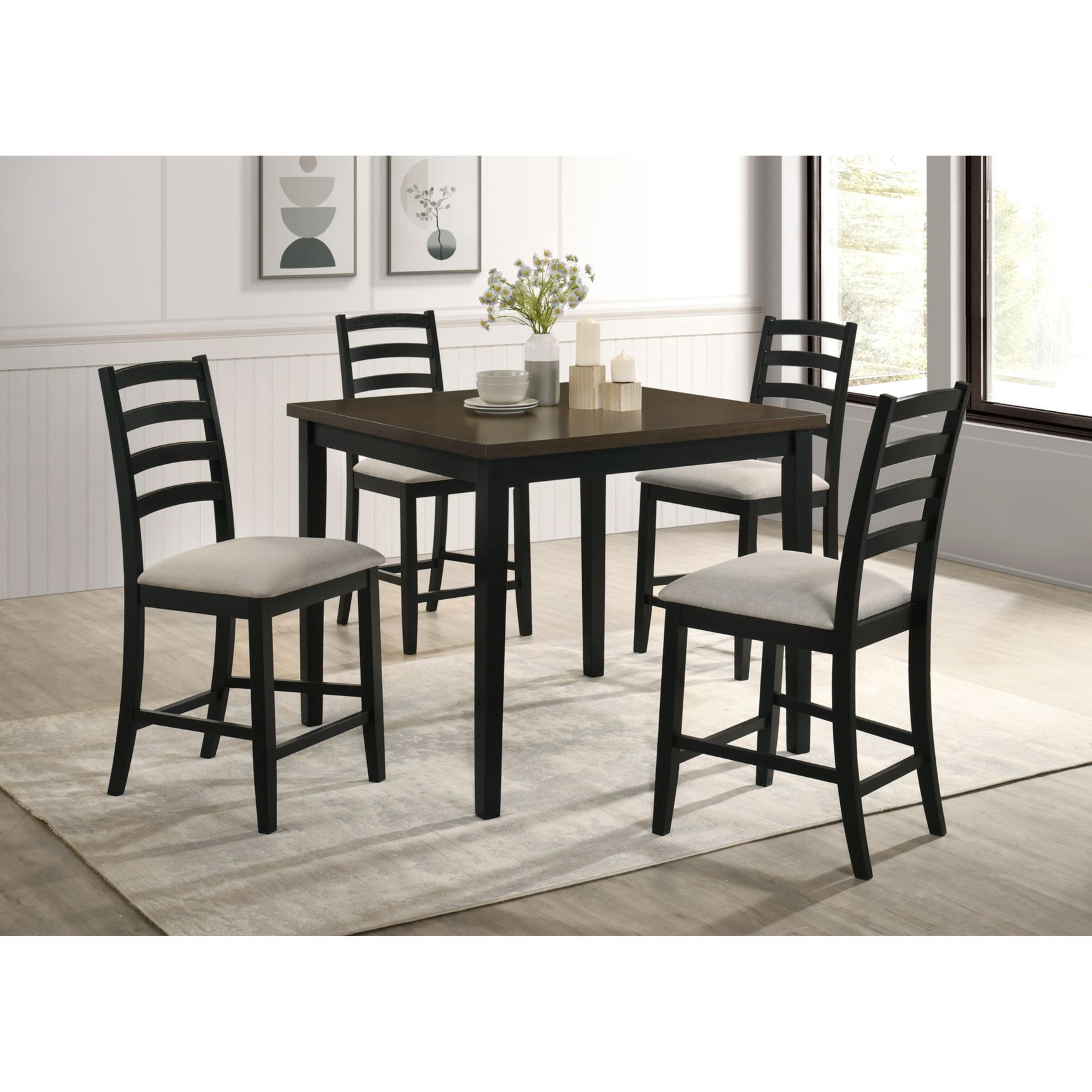 Tulane 5pc Counter Table & 4 Counter Chairs with Beige Fabric in Oak & Black – SKU D-14460-8-5CS | Elements