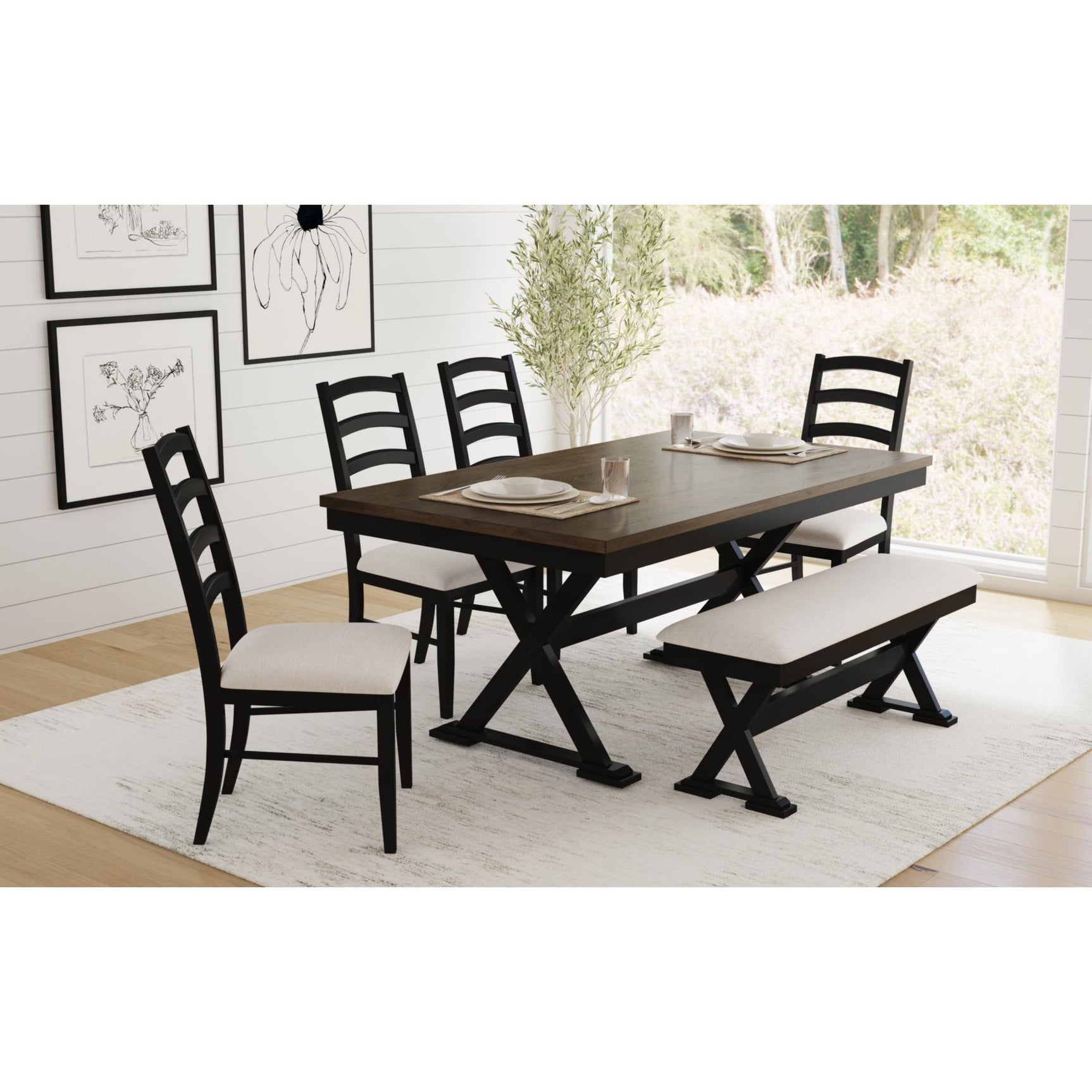 Tulane 6PC Dining Set with Table, 4 Chairs, and Bench in Oak and Black – SKU D-14460-8-6DS | Elements
