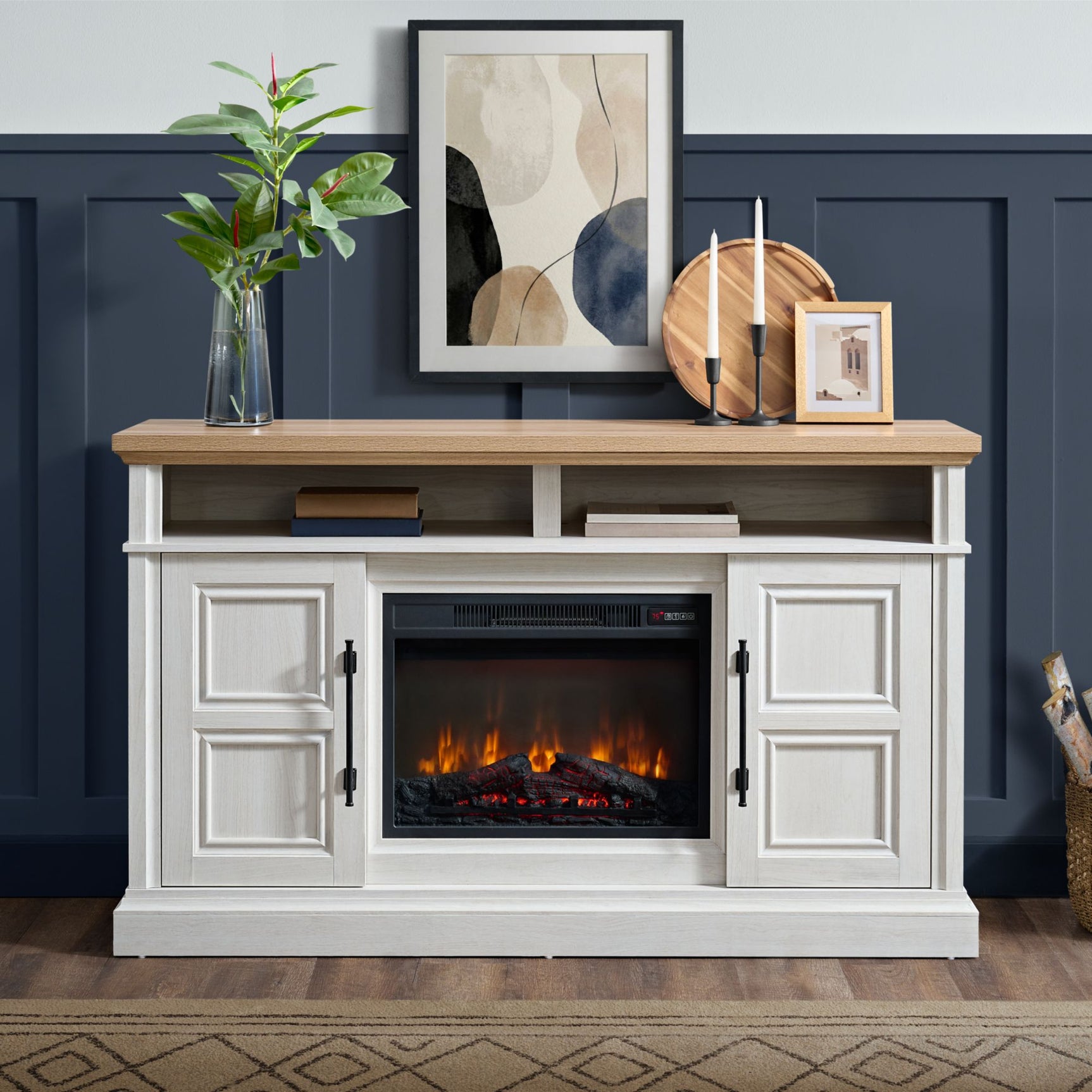 Villa Console with 23" Fireplace Insert in White & Natural – SKU LA-16840-7-FP | Elements