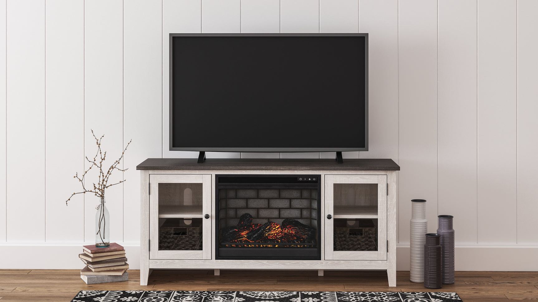 Tampa Furniture Outlet - Ashley Furniture - Dorrinson 60" TV Stand with Electric Fireplace - 60" TV Stand with Electric Fireplace / Two-tone - W287W3