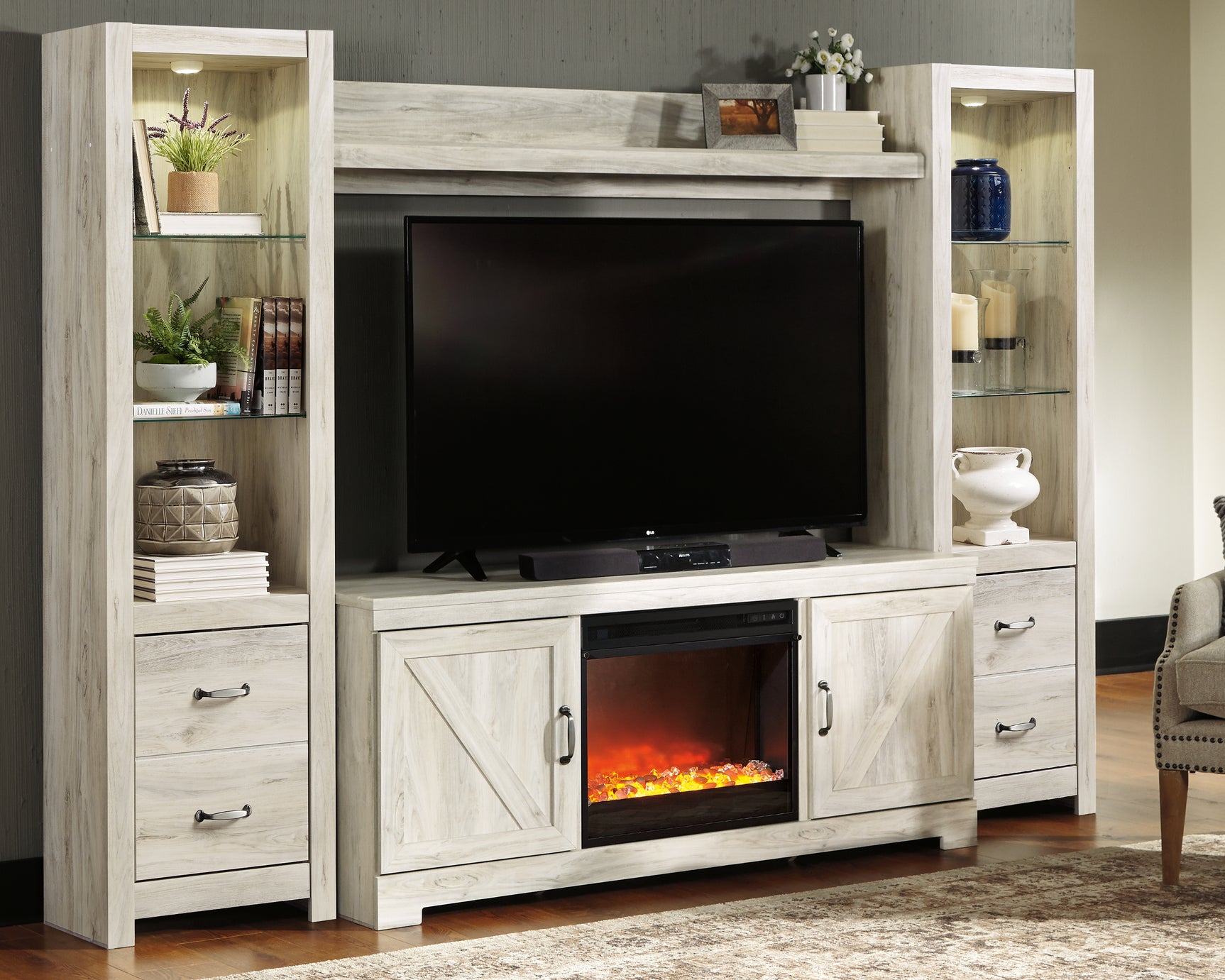 Tampa Furniture Outlet - Ashley Furniture - Bellaby 4-Piece Entertainment Center with Fireplace - 4-Piece Entertainment Center with Fireplace / Whitewash - W331W5