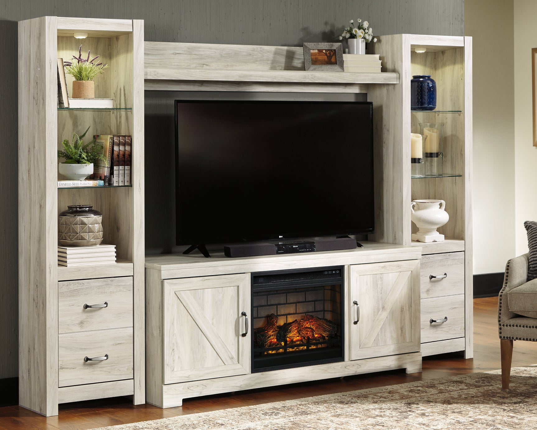 Tampa Furniture Outlet - Ashley Furniture - Bellaby 4-Piece Entertainment Center with Electric Fireplace - 4-Piece Entertainment Center with Electric Fireplace / Whitewash - W331W8