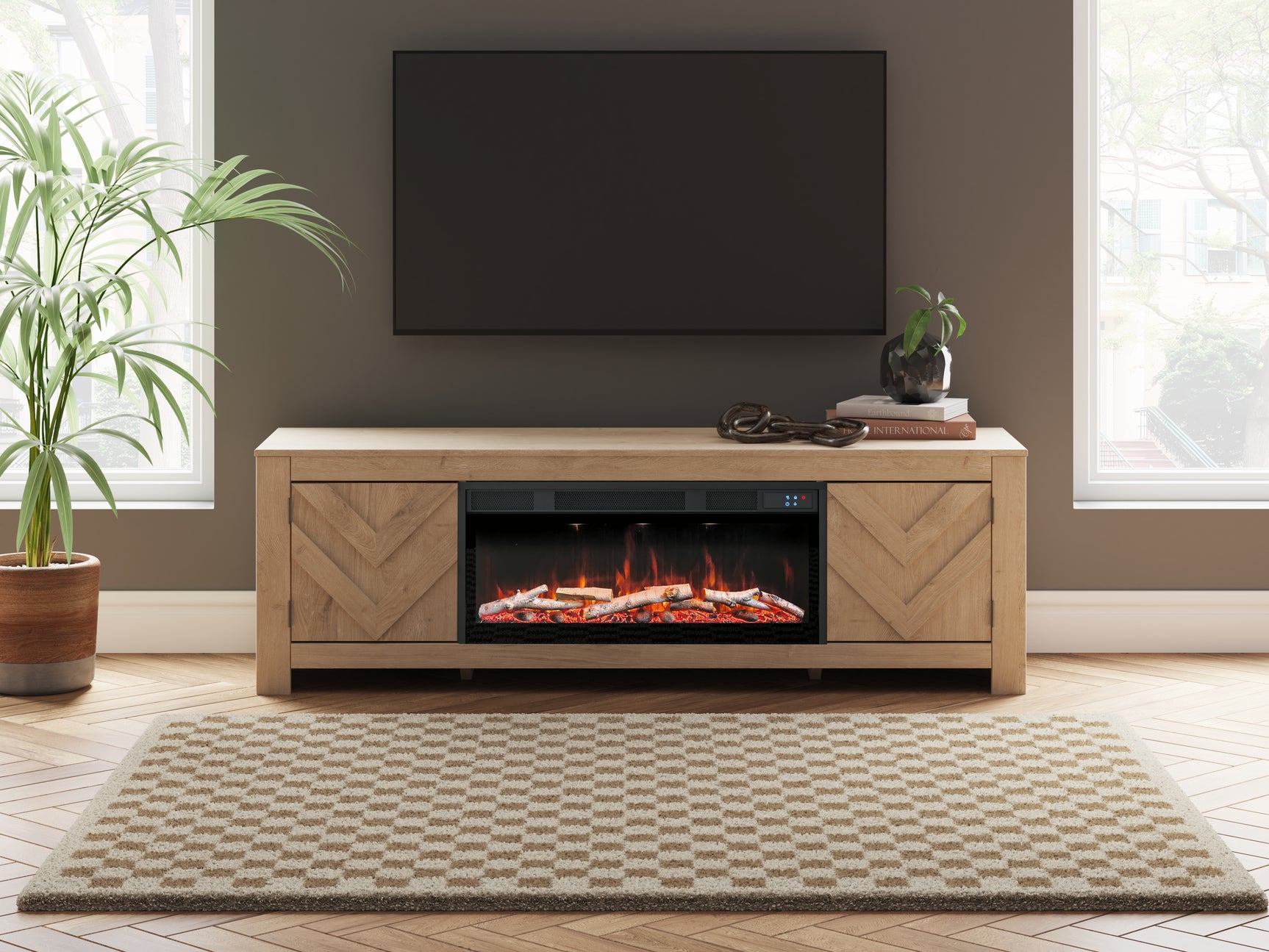 Tampa Furniture Outlet - Ashley Furniture - Cayboni 71" TV Stand with Electric Fireplace - 71" TV Stand with Electric Fireplace / Tan - W3787W1