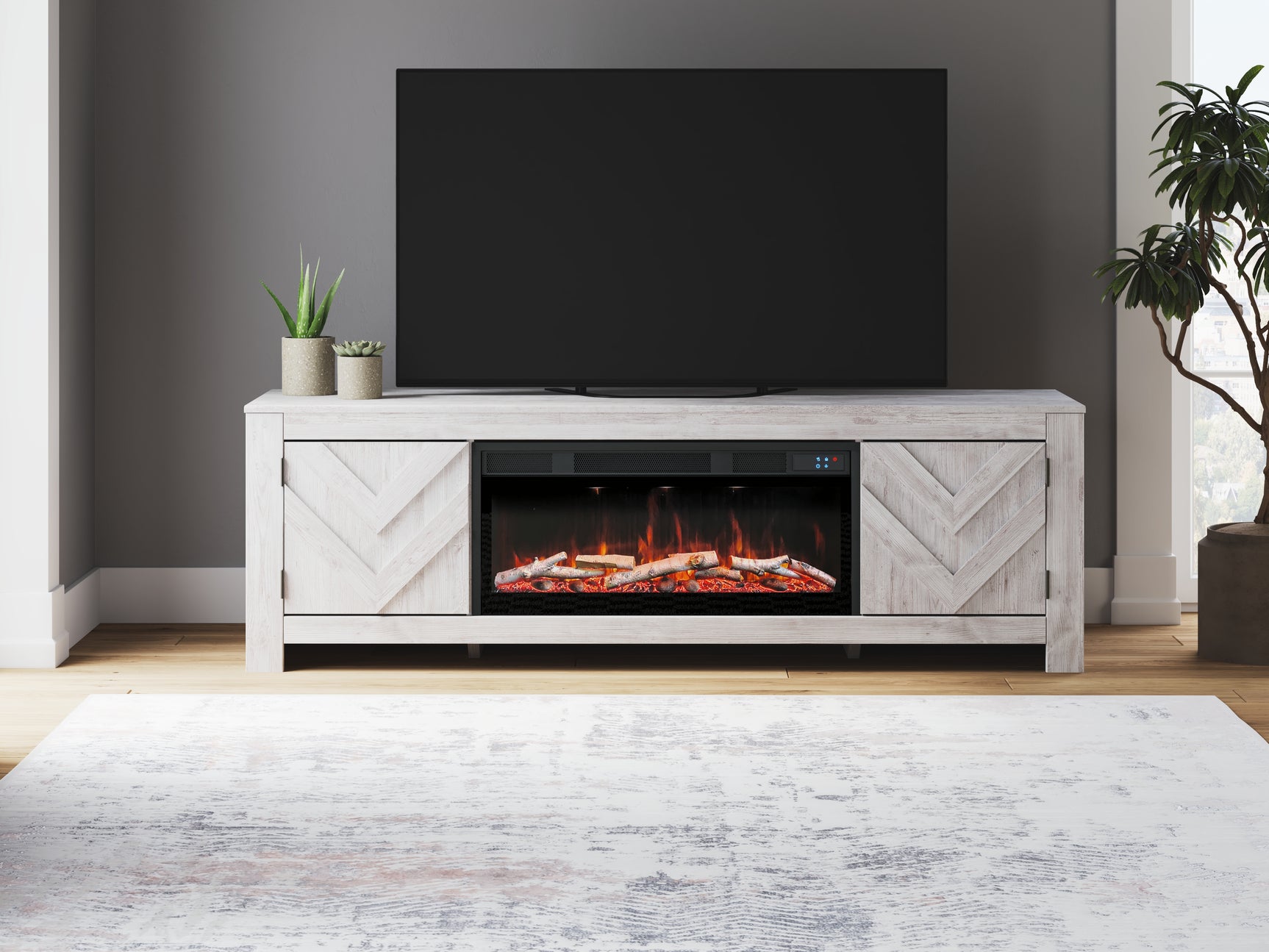 Tampa Furniture Outlet - Ashley Furniture - Cayboni 71" TV Stand with Electric Fireplace - 71" TV Stand with Electric Fireplace / Whitewash - W3788W1