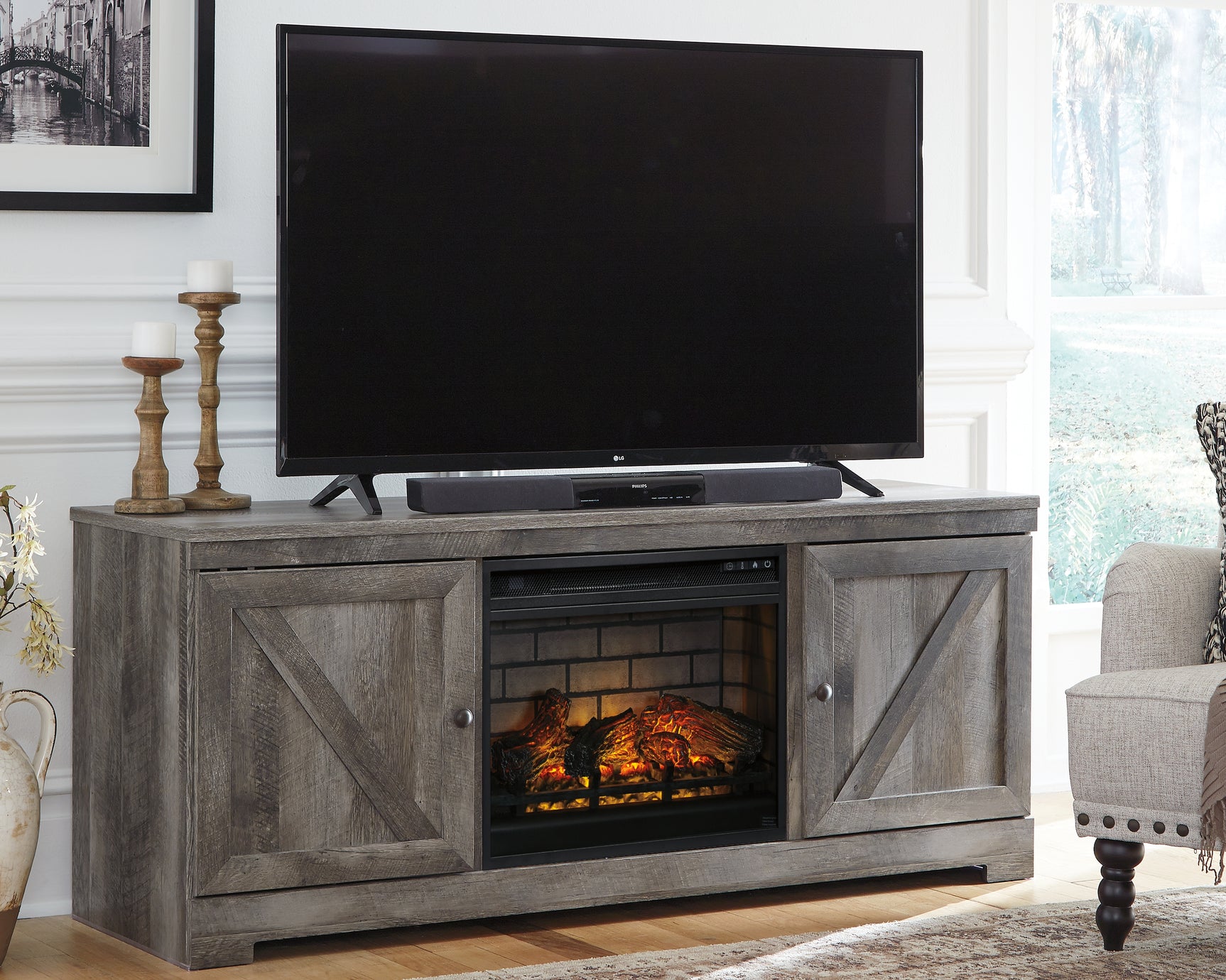 Tampa Furniture Outlet - Ashley Furniture - Wynnlow 63" TV Stand with Electric Fireplace - 63" TV Stand with Electric Fireplace / Gray - W440W9