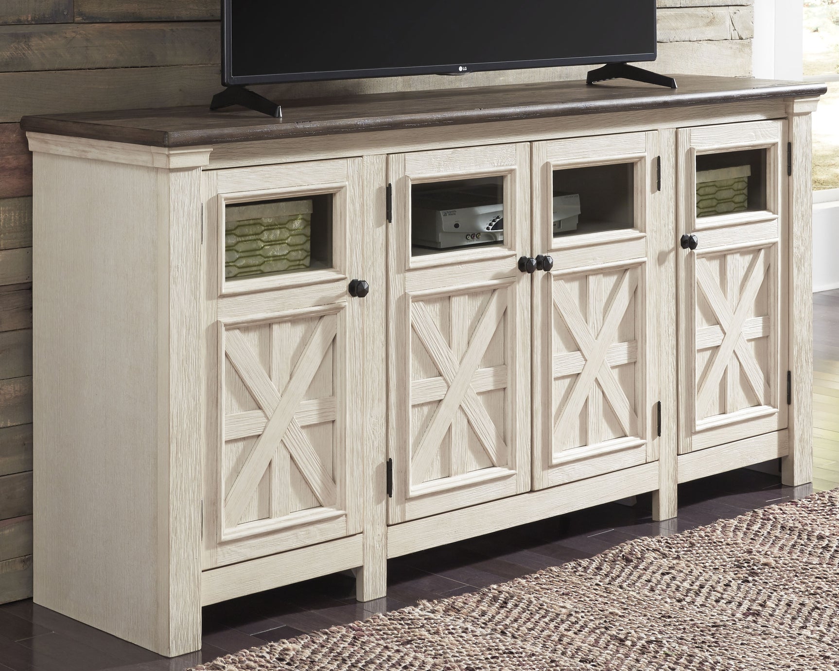 Tampa Furniture Outlet - Ashley Furniture - Bolanburg 74" TV Stand - 74" / White/Weathered Gray - W647-60
