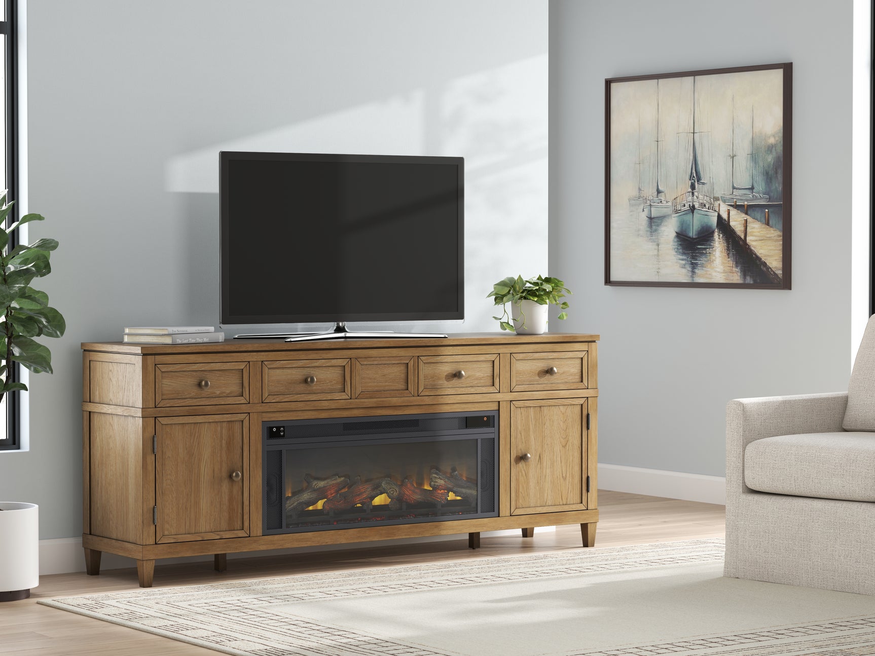 Tampa Furniture Outlet - Ashley Furniture - Sharlance 81" TV Stand with Electric Fireplace - 81" TV Stand with Electric Fireplace / Light Brown - W655W1