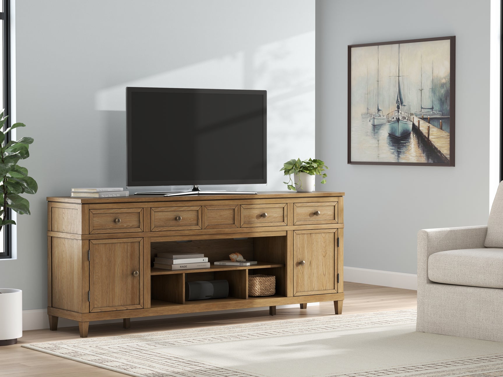 Tampa Furniture Outlet - Ashley Furniture - Sharlance 81" TV Stand - 81" / Light Brown - W655-68