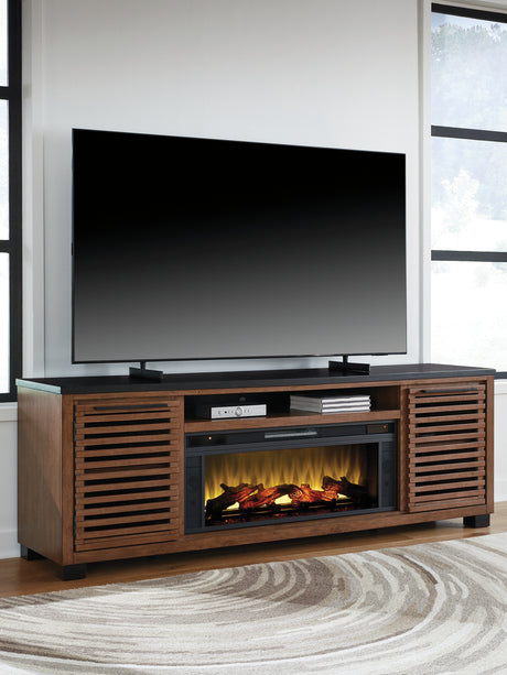 Tampa Furniture Outlet - Ashley Furniture - Kallari 84" TV Stand with Electric Fireplace - 84" TV Stand with Electric Fireplace / Warm Brown/Black - W737W1