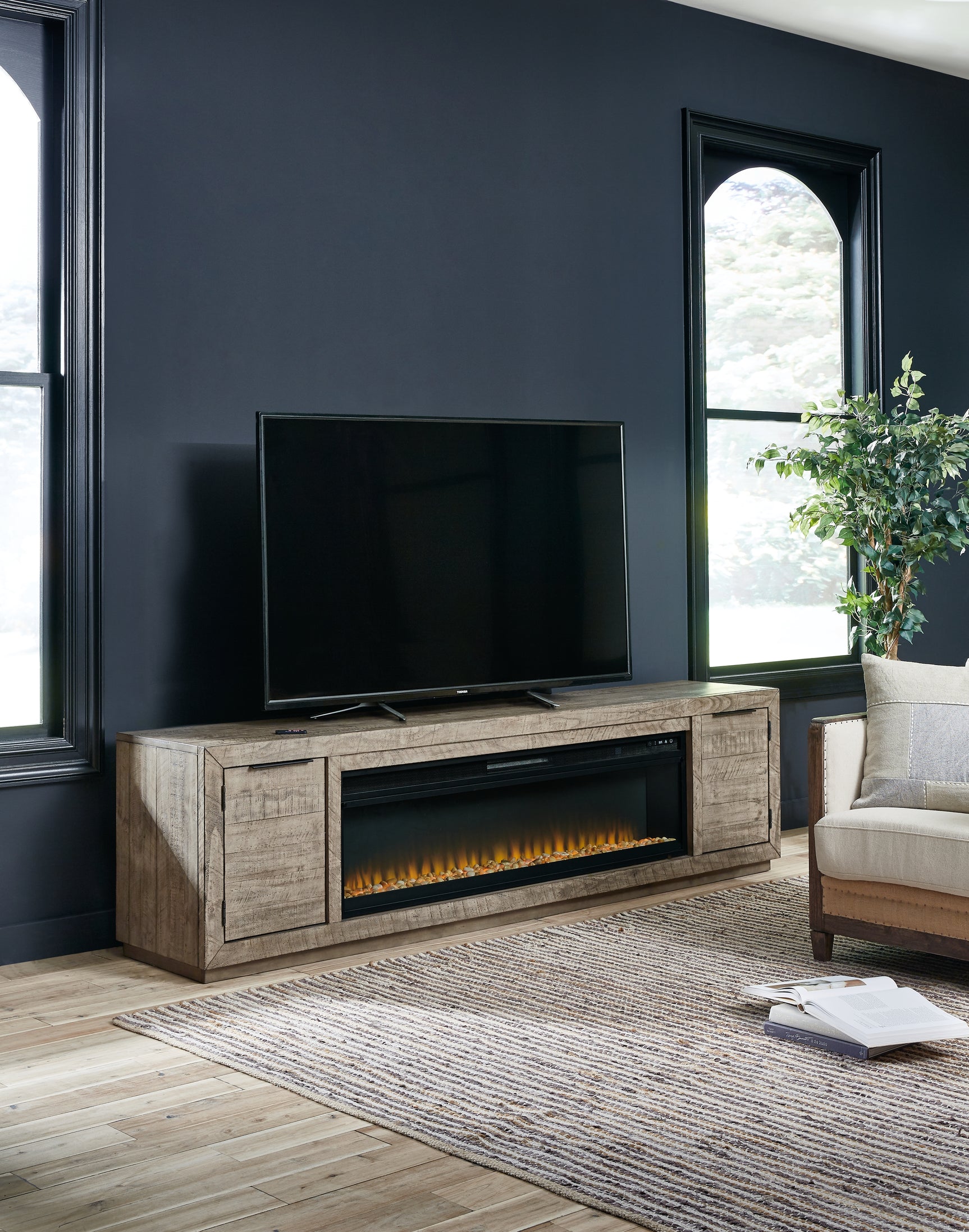 Tampa Furniture Outlet - Ashley Furniture - Krystanza TV Stand with Electric Fireplace - TV Stand with Electric Fireplace / Weathered Gray - W760W1