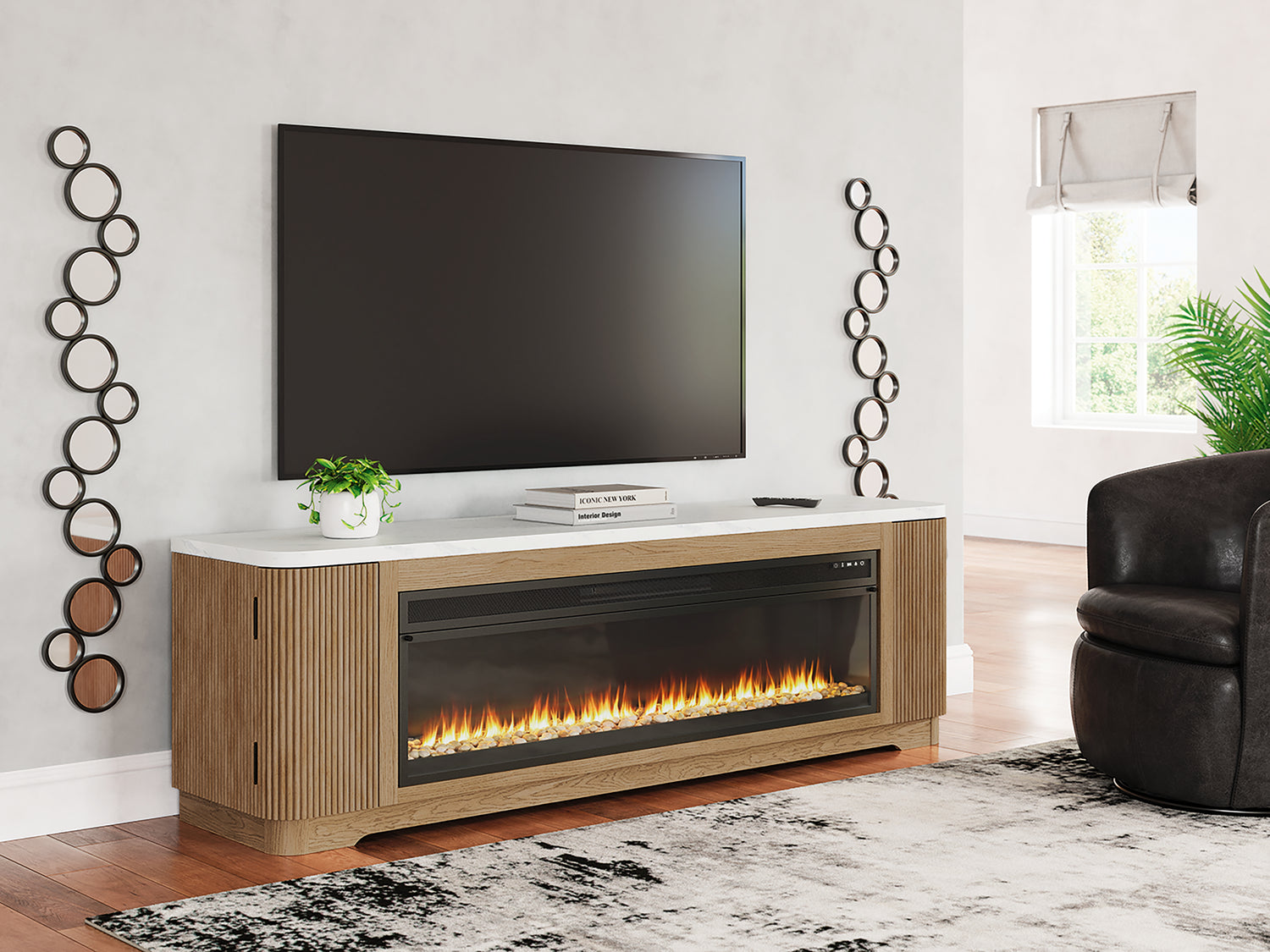 Tampa Furniture Outlet - Ashley Furniture - Camdill 80" TV Stand with Electric Fireplace - 80" TV Stand with Electric Fireplace / Light Brown - W808W1