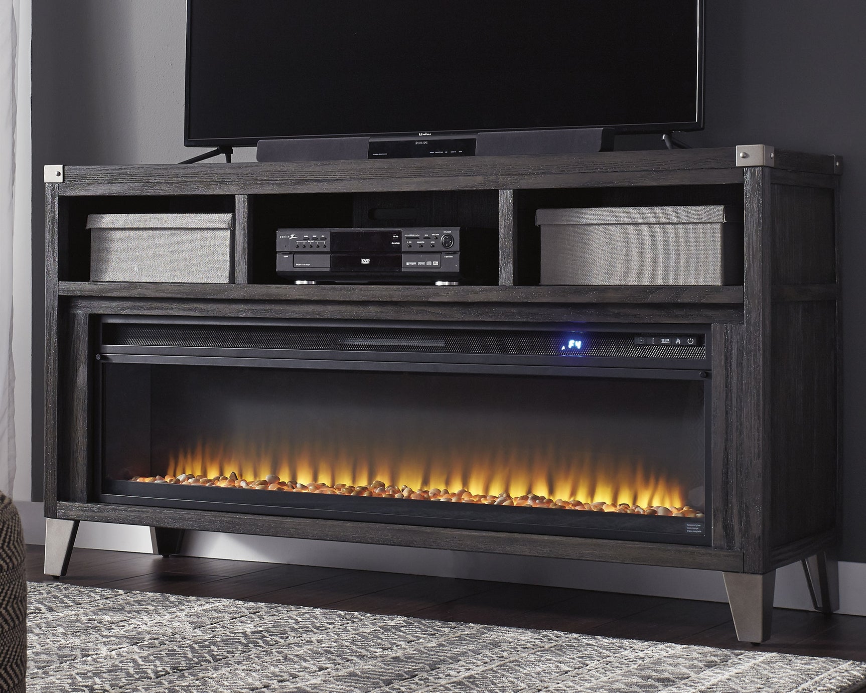 Tampa Furniture Outlet - Ashley Furniture - Todoe 65" TV Stand with Electric Fireplace - 65" TV Stand with Electric Fireplace / Gray - W901W1