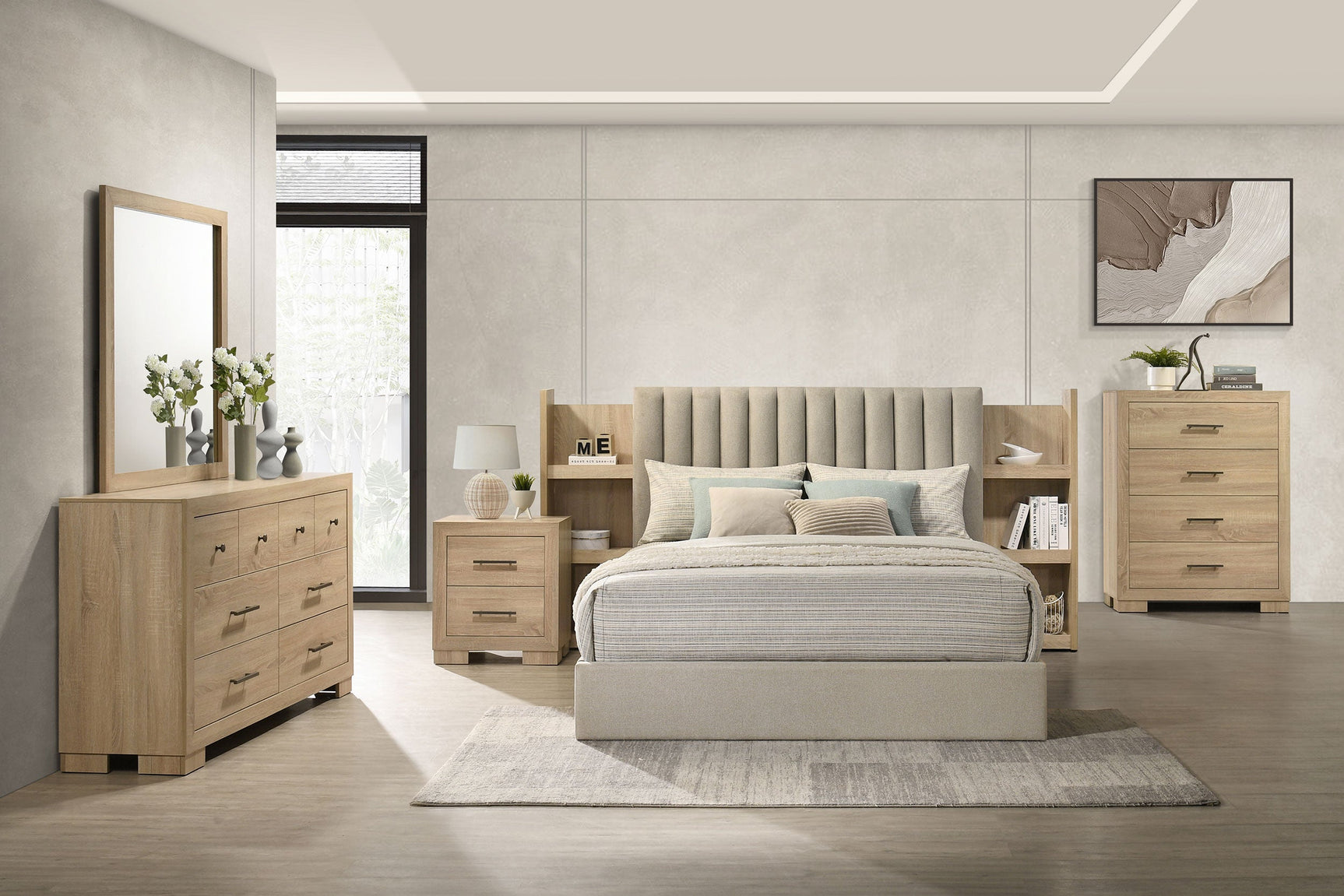 Arielle Eastern King Bookcase Panel Storage Bed Light Oak - Tampa Furniture Outlet