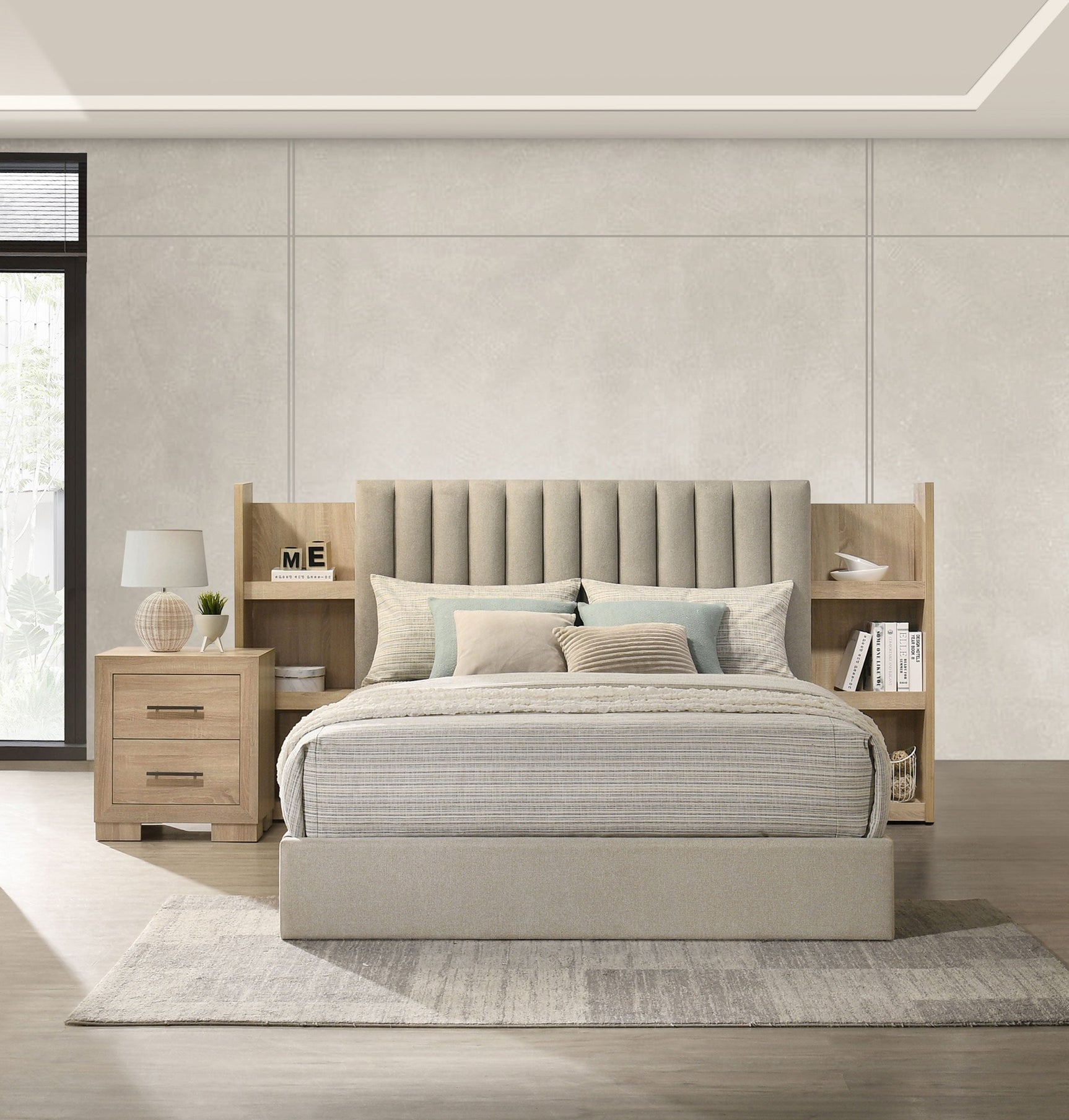 Arielle Eastern King Bookcase Panel Storage Bed Light Oak - Tampa Furniture Outlet