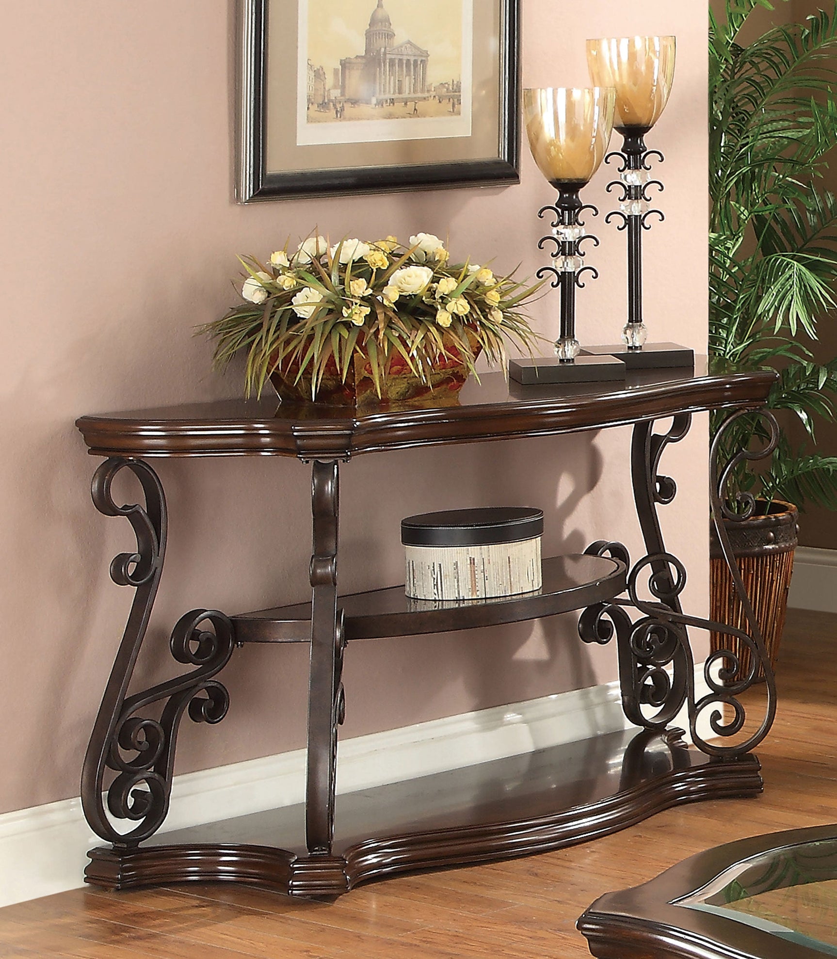 Laney Scrollwork Entryway Sofa Console Table Deep Merlot - Tampa Furniture Outlet