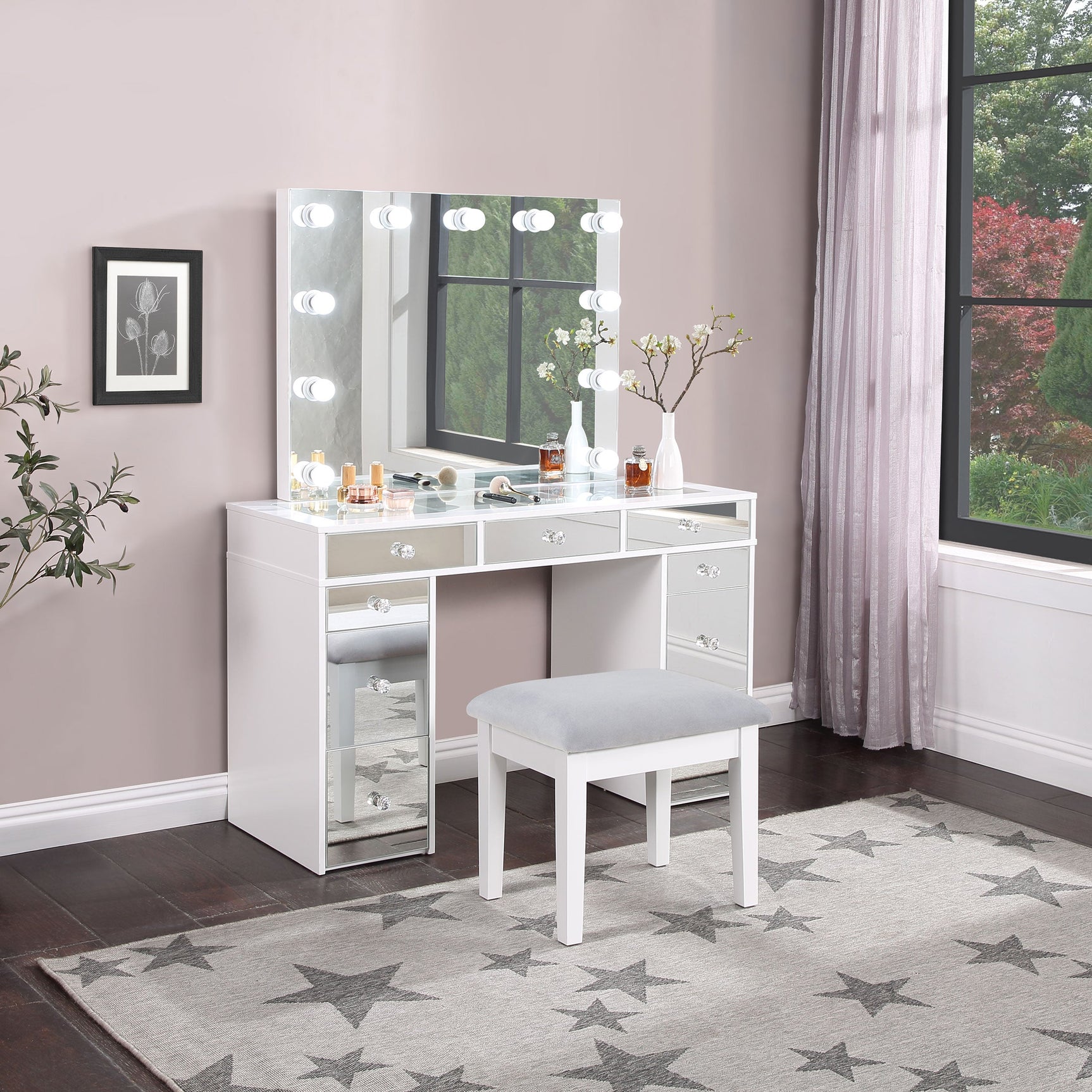 Regina Makeup Vanity Table Set with Lighting White - Tampa Furniture Outlet