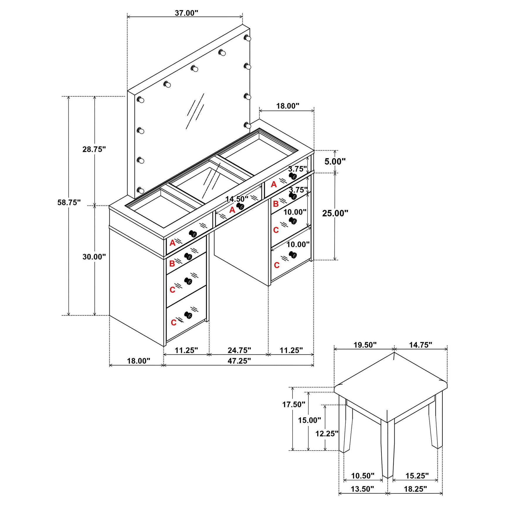 Regina Makeup Vanity Table Set with Lighting White - Tampa Furniture Outlet