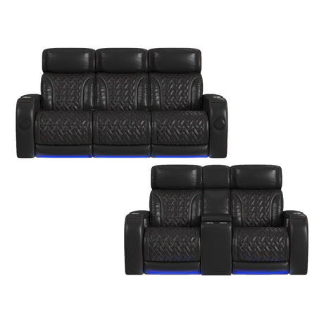 Prime Time - P3 2 Piece Living Room Set (Sofa & Loveseat) - Jett Black With Red Stitching - Tampa Furniture Outlet